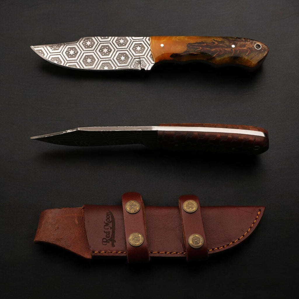 HandForged 9" Damascus Hunting Knife Acid Etched Stainless Steel Blade Resin Handle Bushcraft Skinning Outdoor EDC Kitchen Knives Gift Craft