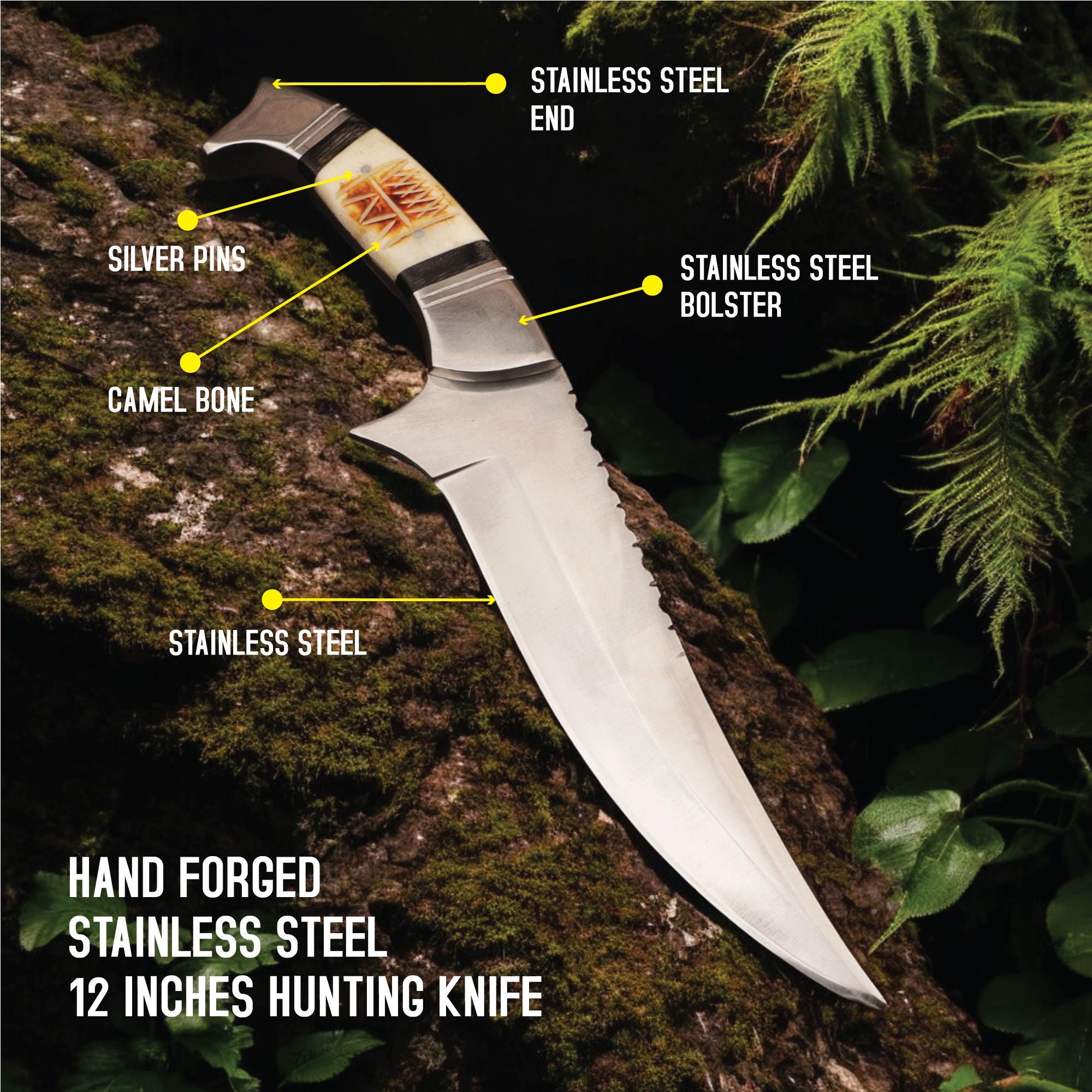 Handmade 12" Stainless Steel Hunting Knife Camel Bone Handle SS Pins Bolster Bushcraft Outdoor Knife Gift Kitchen Cutlery Craft Chef Knives