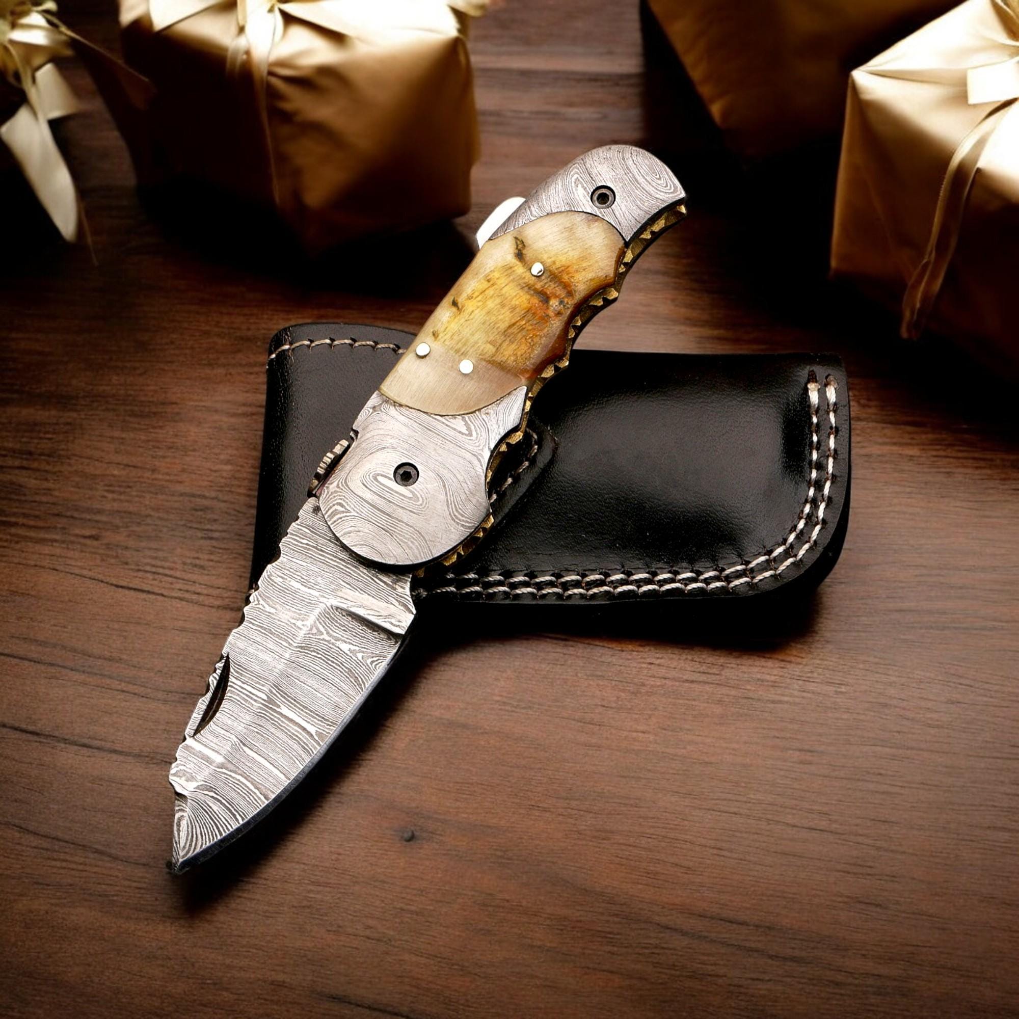 HandCraft Damascus Folding 7" Pocket Knife Lamb Horn Handle Leather Sheath Hunting Skinner Camping Fishing Outdoor Bushcraft EDC Knives Gift