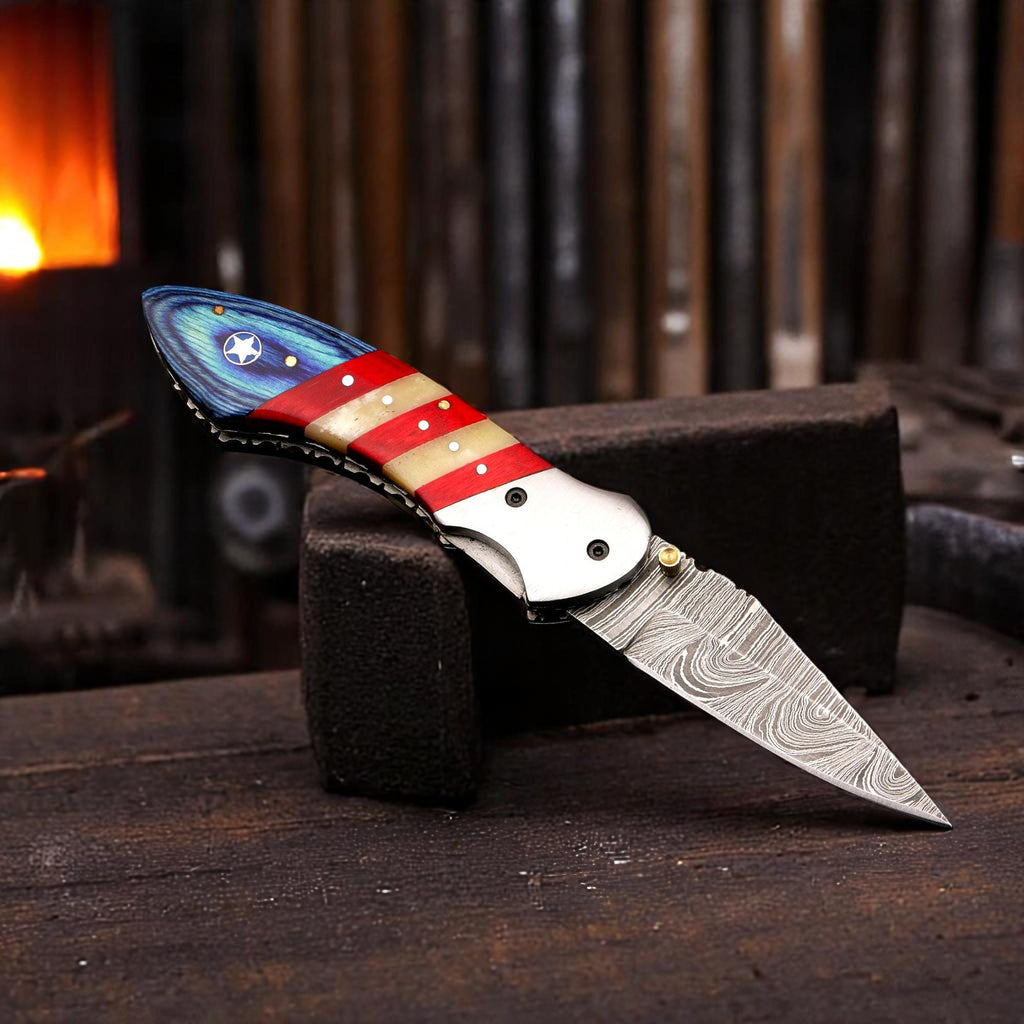 Handcraft Damascus Folding 8.5" Pocket Knife American USA Flag Camel Bone PakkaWood Handle Leather Sheath Hunting Bushcraft EDC Knives Gift