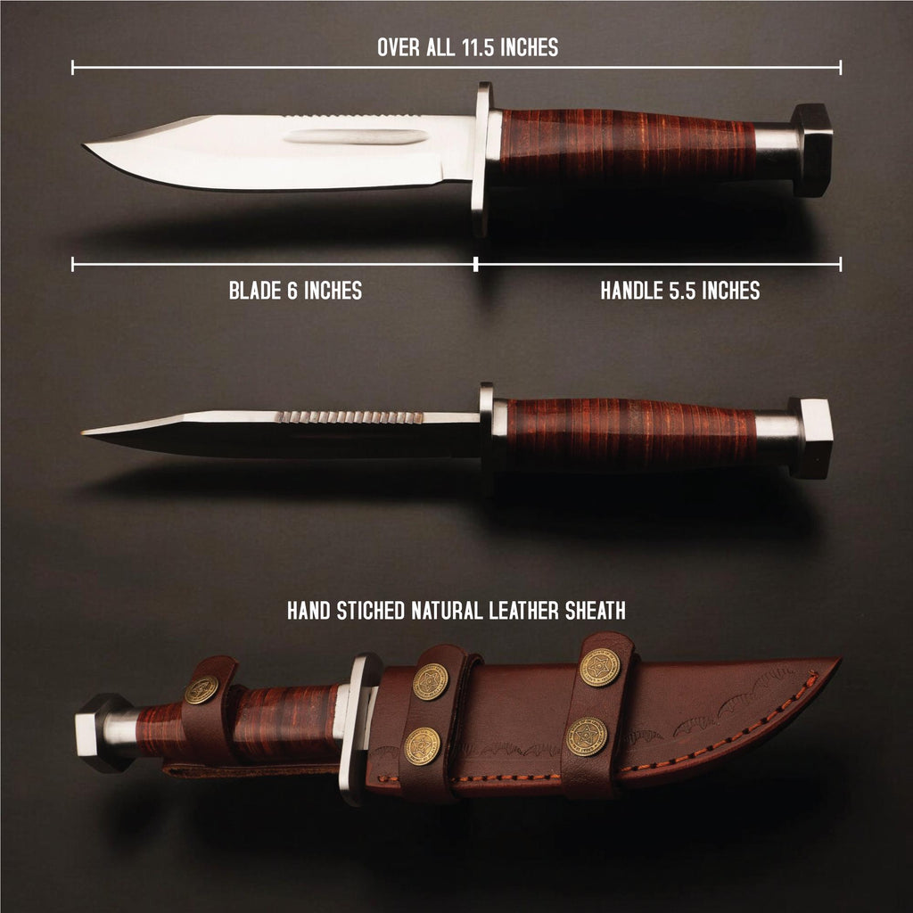 Hunting Knife 11.5" HandForged Stainless Steel Leather Handle & Sheath Blade for Camping Bushcraft Knives Skinning Fishing Craft Outdoor EDC