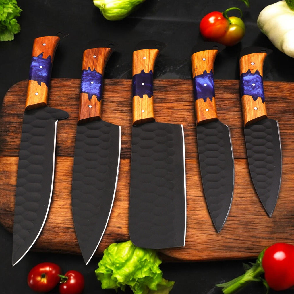 5pcs Damascus Chef Knife Set HandForged Kitchen Knives with Sheath Outdoor Cooking Hunting Outdoor Cookware Housewarming Cutlery Gift Craft