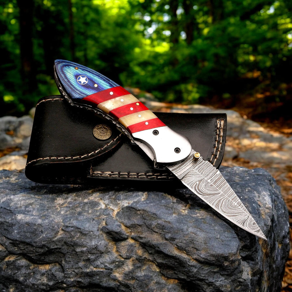 Handcraft Damascus Folding 8.5" Pocket Knife American USA Flag Camel Bone PakkaWood Handle Leather Sheath Hunting Bushcraft EDC Knives Gift