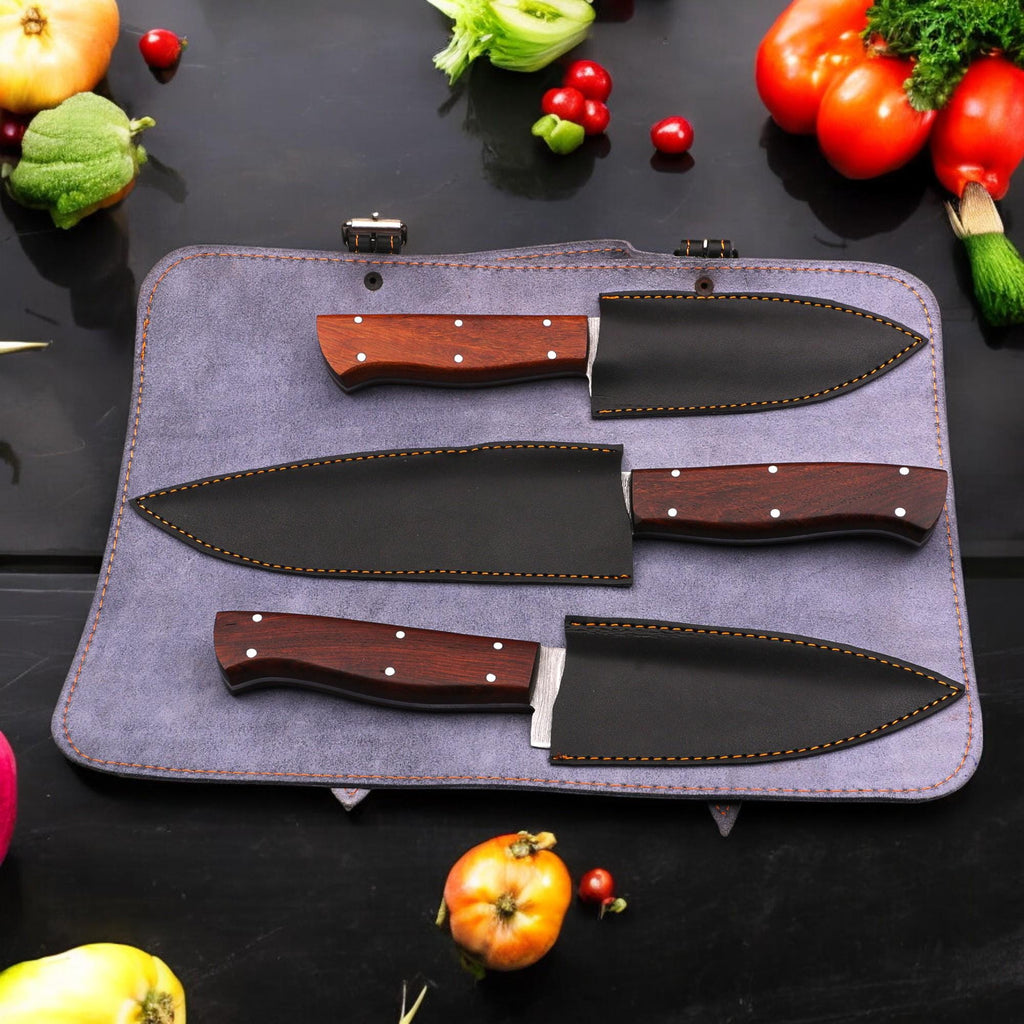3pcs Damascus Chef Knife Set HandForged Kitchen Knives Leather Sheath Outdoor Hunting Camping Cookware Housewarming Cutlery Gift Craft  EDC