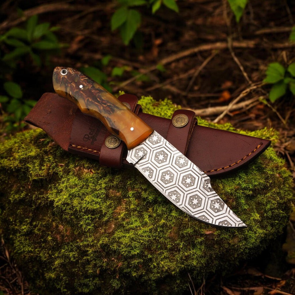 HandForged 9" Damascus Hunting Knife Acid Etched Stainless Steel Blade Resin Handle Bushcraft Skinning Outdoor EDC Kitchen Knives Gift Craft