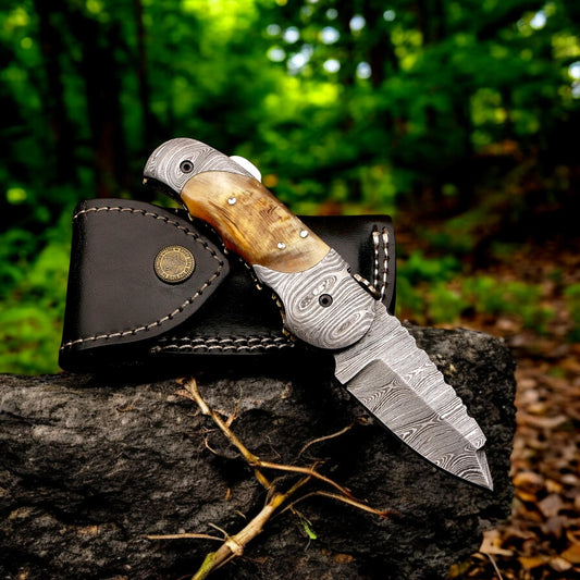 HandCraft Damascus Folding 7" Pocket Knife Lamb Horn Handle Leather Sheath Hunting Skinner Camping Fishing Outdoor Bushcraft EDC Knives Gift