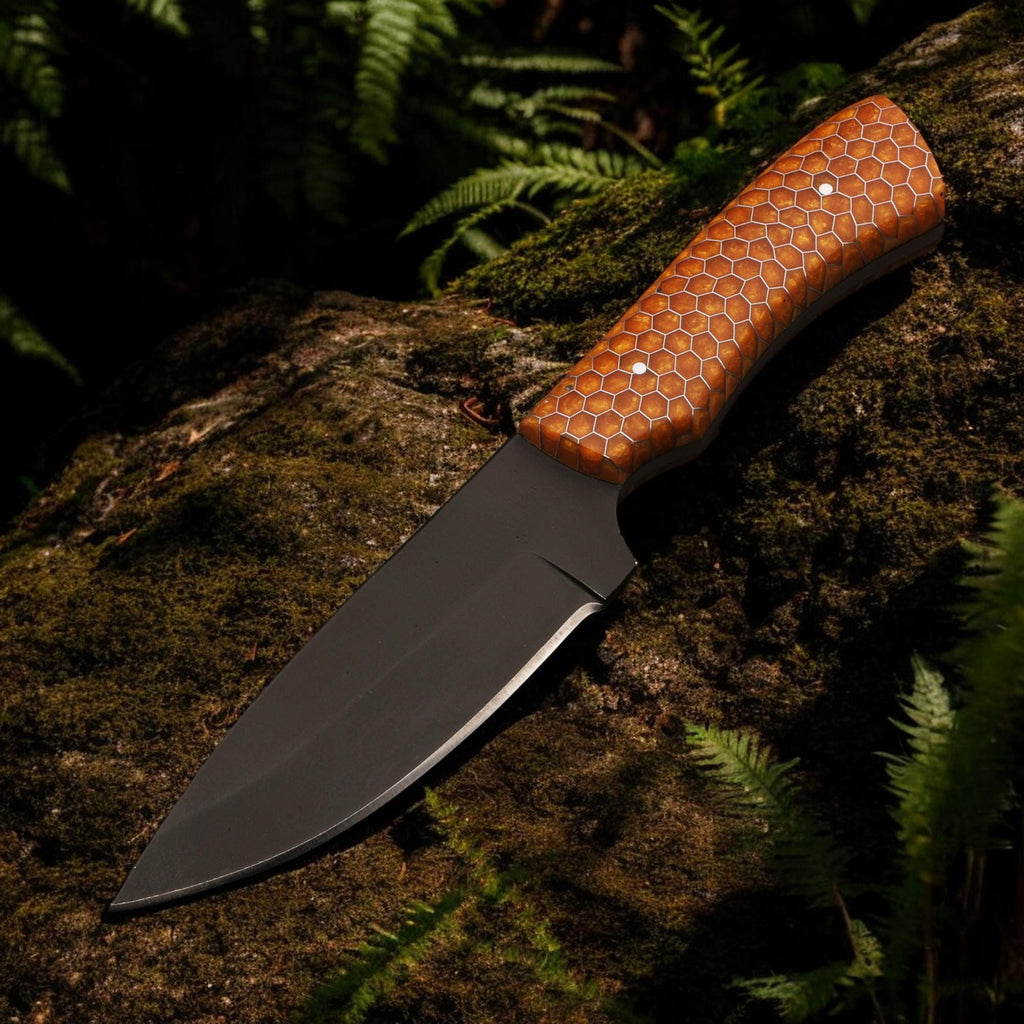 HandForged 9.5" Hunting Knife Stainless Steel Black Powder Coated Blade Honeycomb Resin Handle Skinner Bushcraft Outdoor Camping Knives EDC