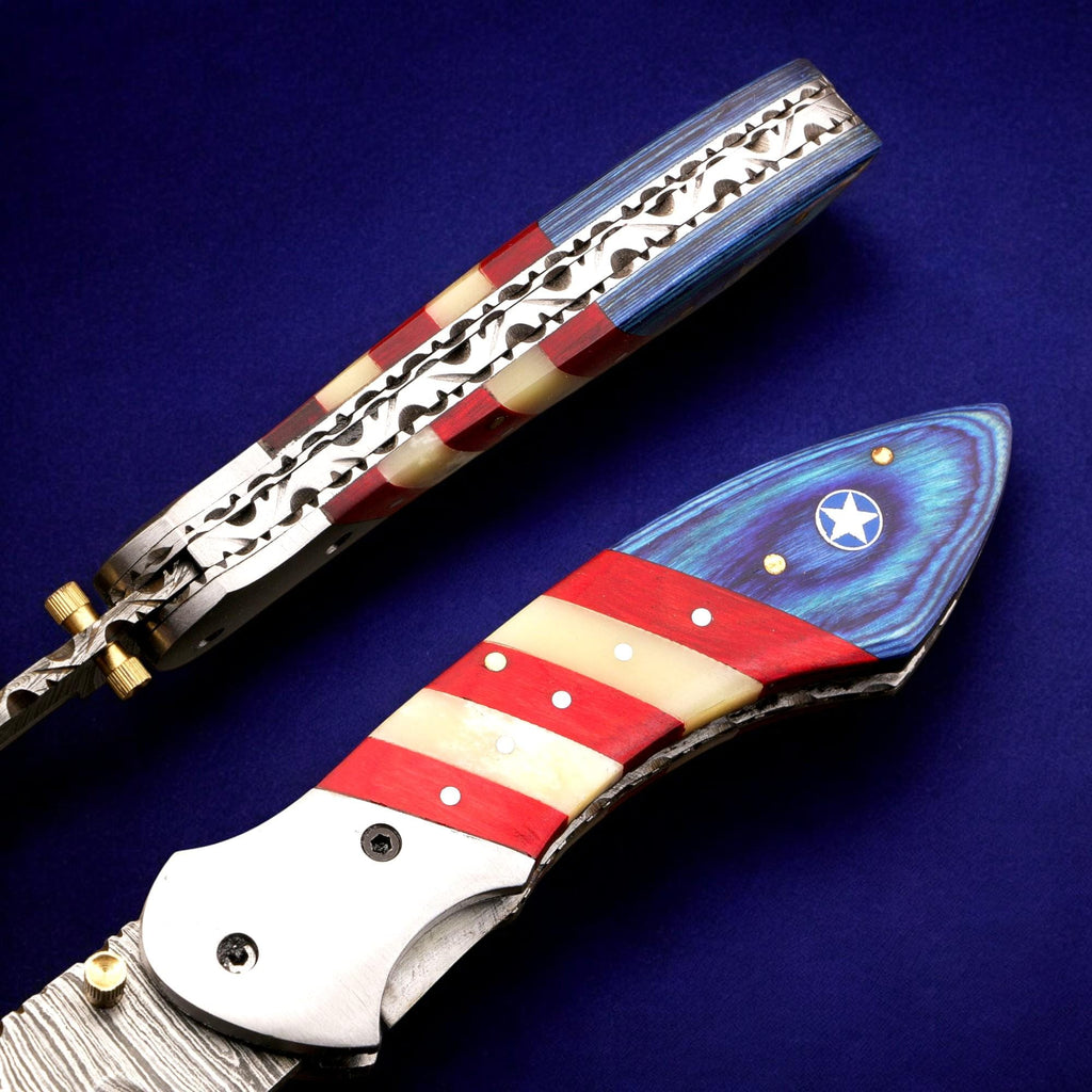 Handcraft Damascus Folding 8.5" Pocket Knife American USA Flag Camel Bone PakkaWood Handle Leather Sheath Hunting Bushcraft EDC Knives Gift