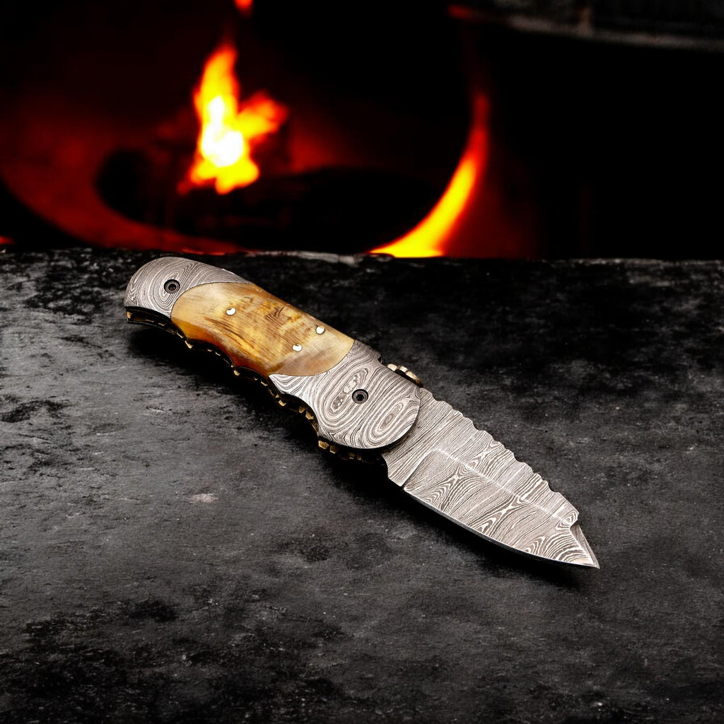 HandCraft Damascus Folding 7" Pocket Knife Lamb Horn Handle Leather Sheath Hunting Skinner Camping Fishing Outdoor Bushcraft EDC Knives Gift