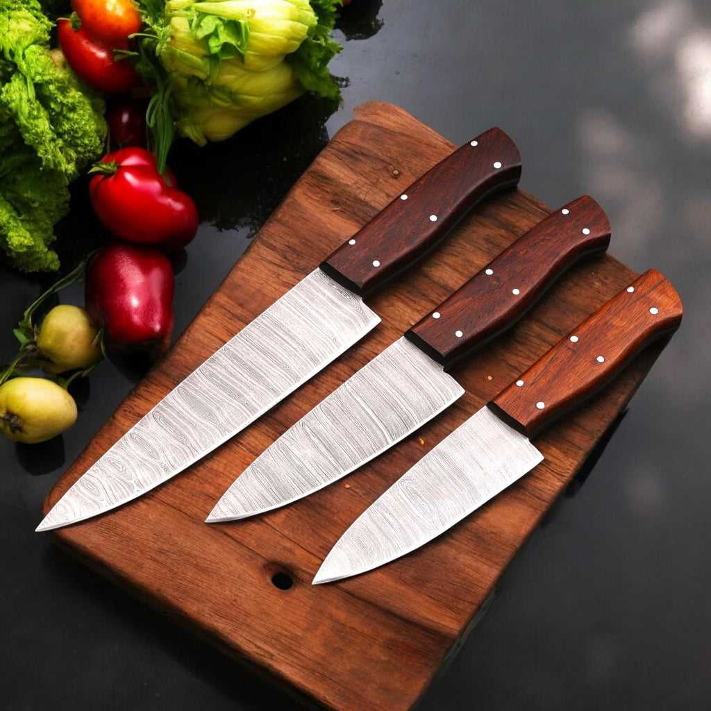 3pcs Damascus Chef Knife Set HandForged Kitchen Knives Leather Sheath Outdoor Hunting Camping Cookware Housewarming Cutlery Gift Craft  EDC