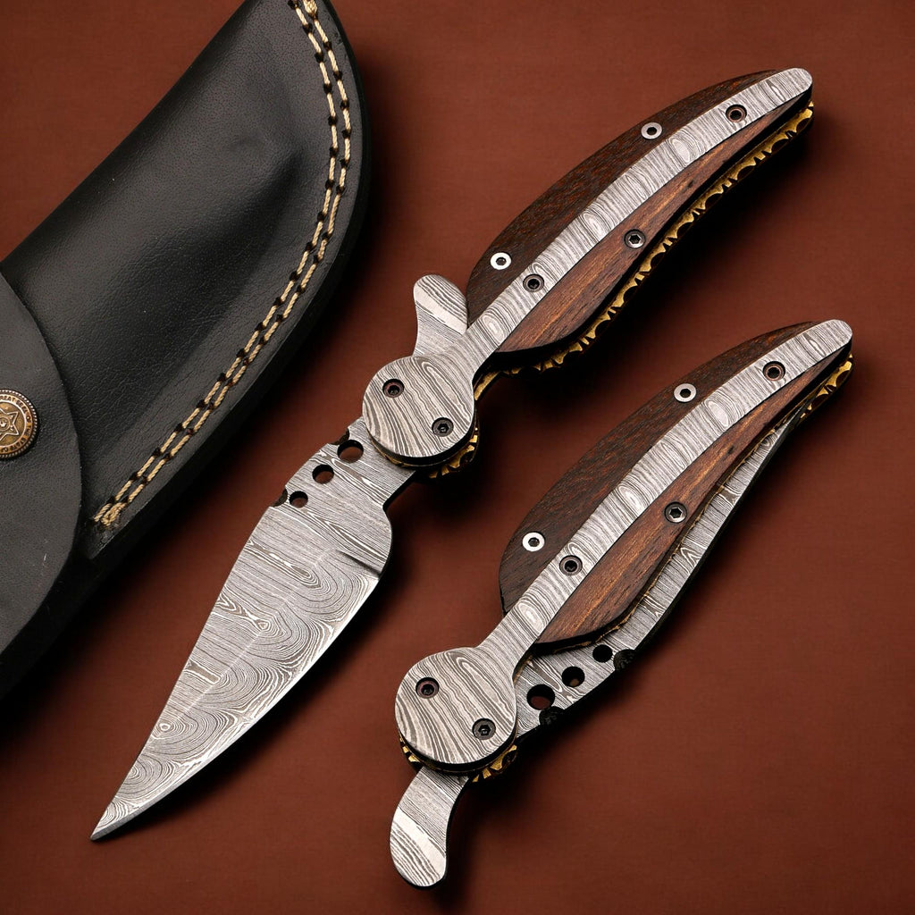 HandCraft Damascus Folding 9" Pocket Knife Damascus Steel Rose Wood Handle Leather Sheath Hunting Camping Outdoor Bushcraft EDC Knives Gift