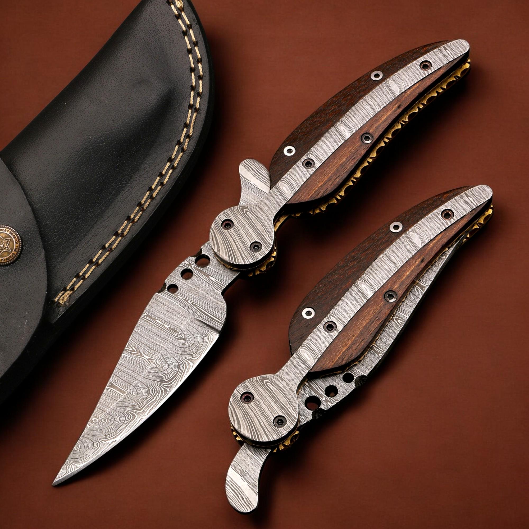 HandCraft Damascus Folding 9" Pocket Knife Damascus Steel Rose Wood Handle Leather Sheath Hunting Camping Outdoor Bushcraft EDC Knives Gift