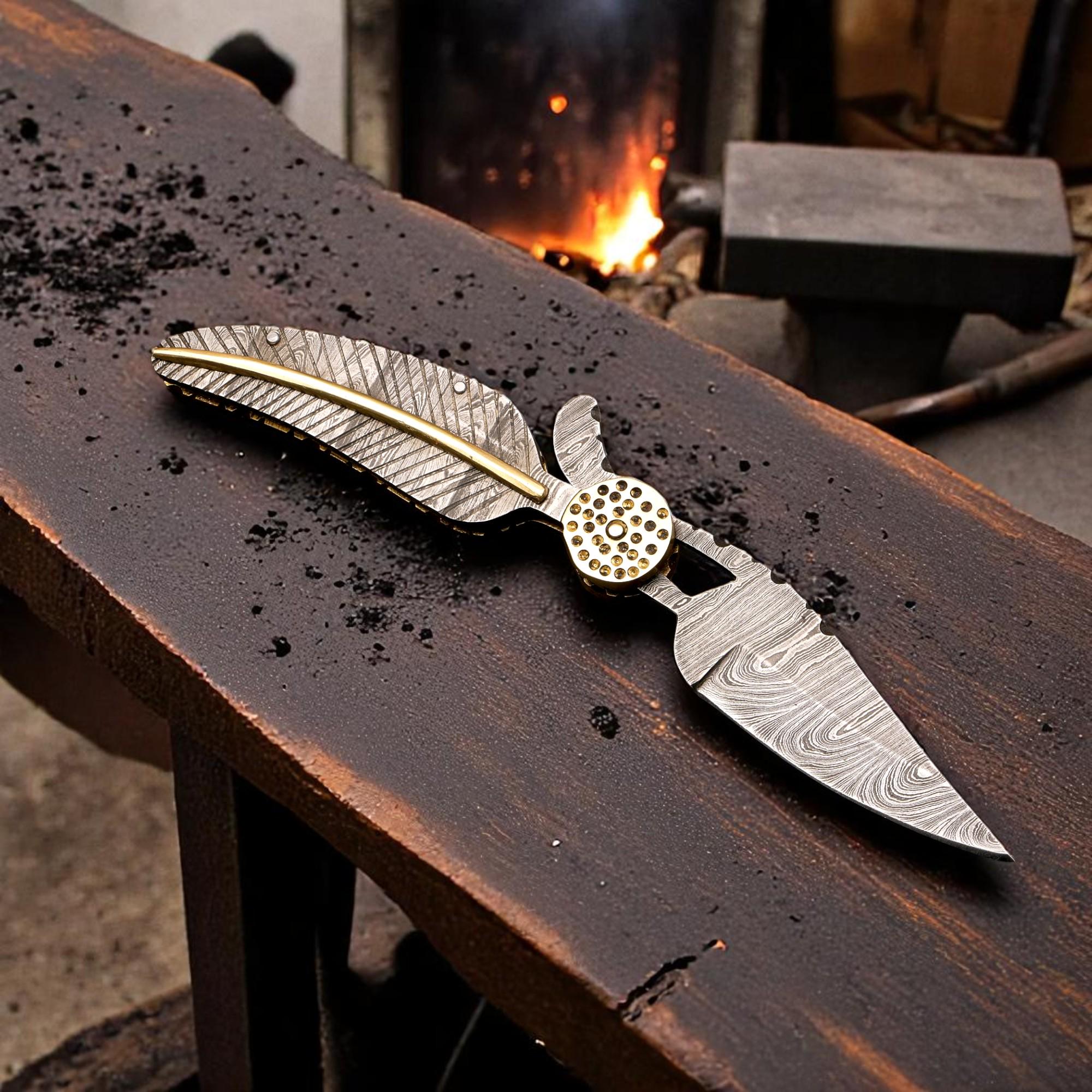 HandCraft Damascus Steel Folding 9" Pocket Knife Damascus Handle Brass Bolster Ultra Sharp Edge EDC Hunting Bushcraft Knives Camping Outdoor