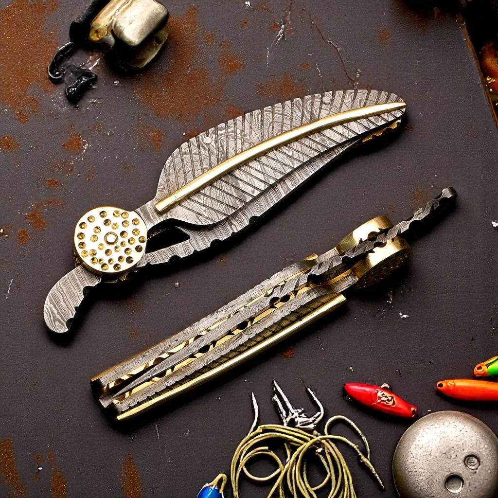 HandCraft Damascus Steel Folding 9" Pocket Knife Damascus Handle Brass Bolster Ultra Sharp Edge EDC Hunting Bushcraft Knives Camping Outdoor