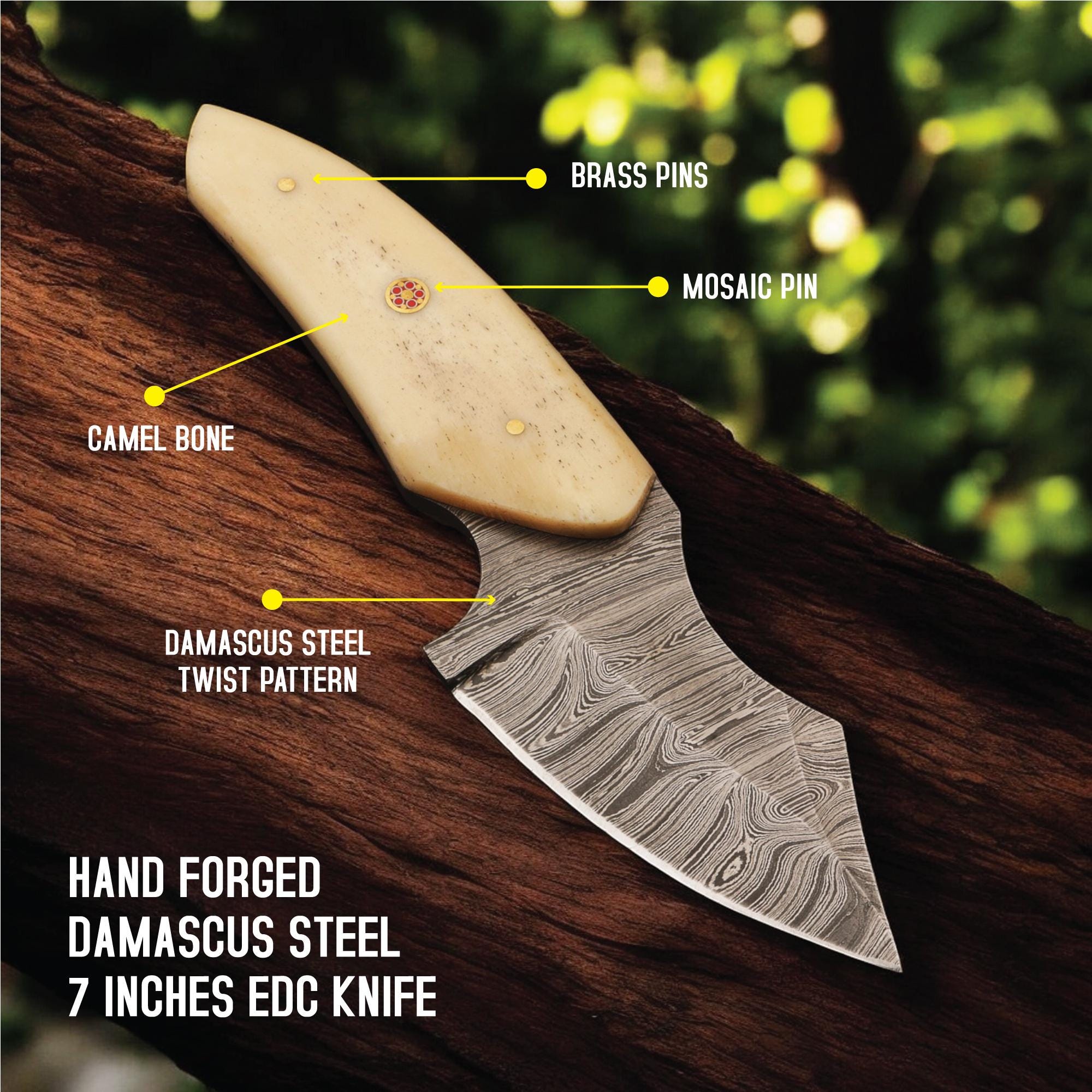 Handmade Damascus Steel Skinner EDC Knife 7 Camel Bone Handle Outdoor Camping Hunting Bushcraft Gift Kitchen Knives Cutlery Gift Chef Craft