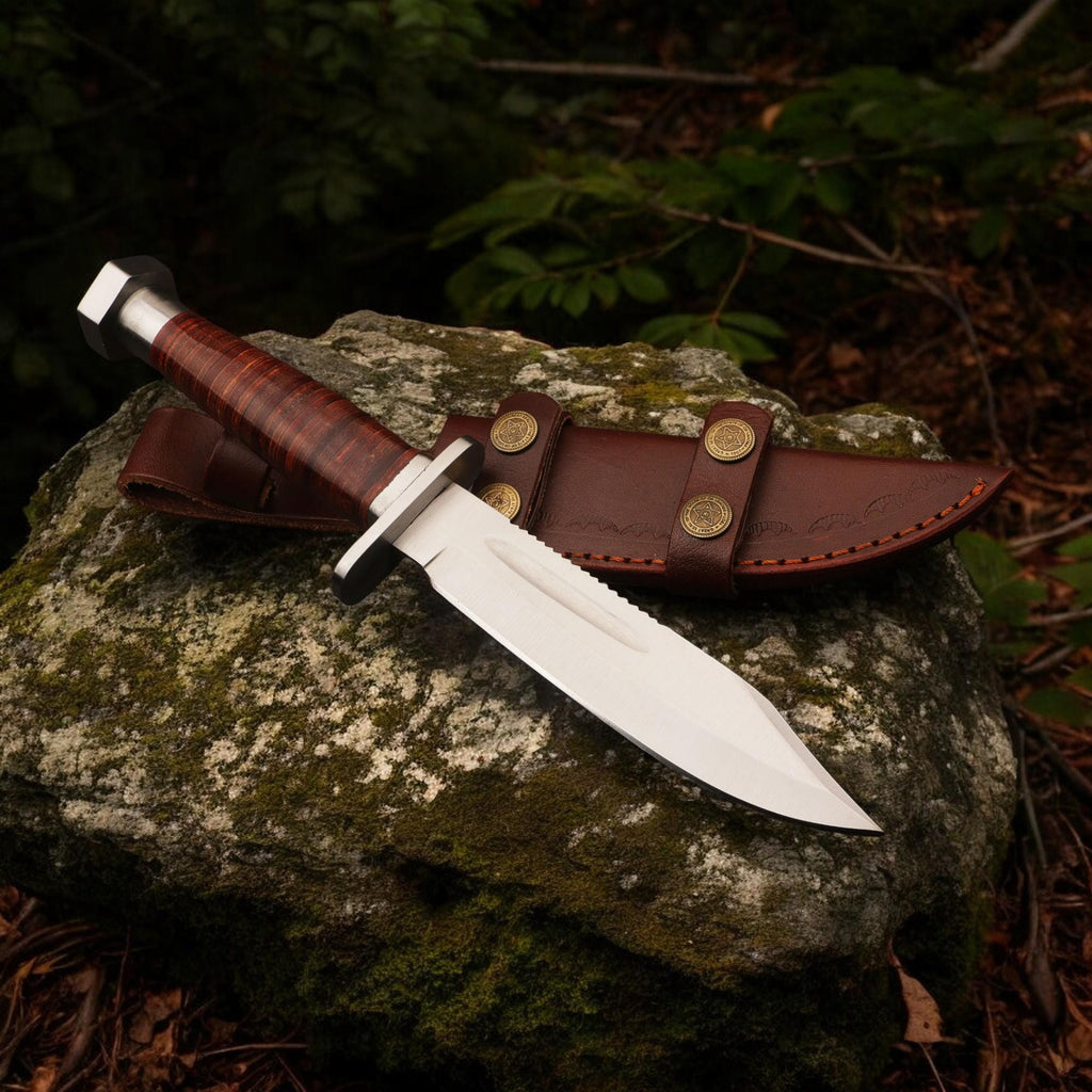 Hunting Knife 11.5" HandForged Stainless Steel Leather Handle & Sheath Blade for Camping Bushcraft Knives Skinning Fishing Craft Outdoor EDC