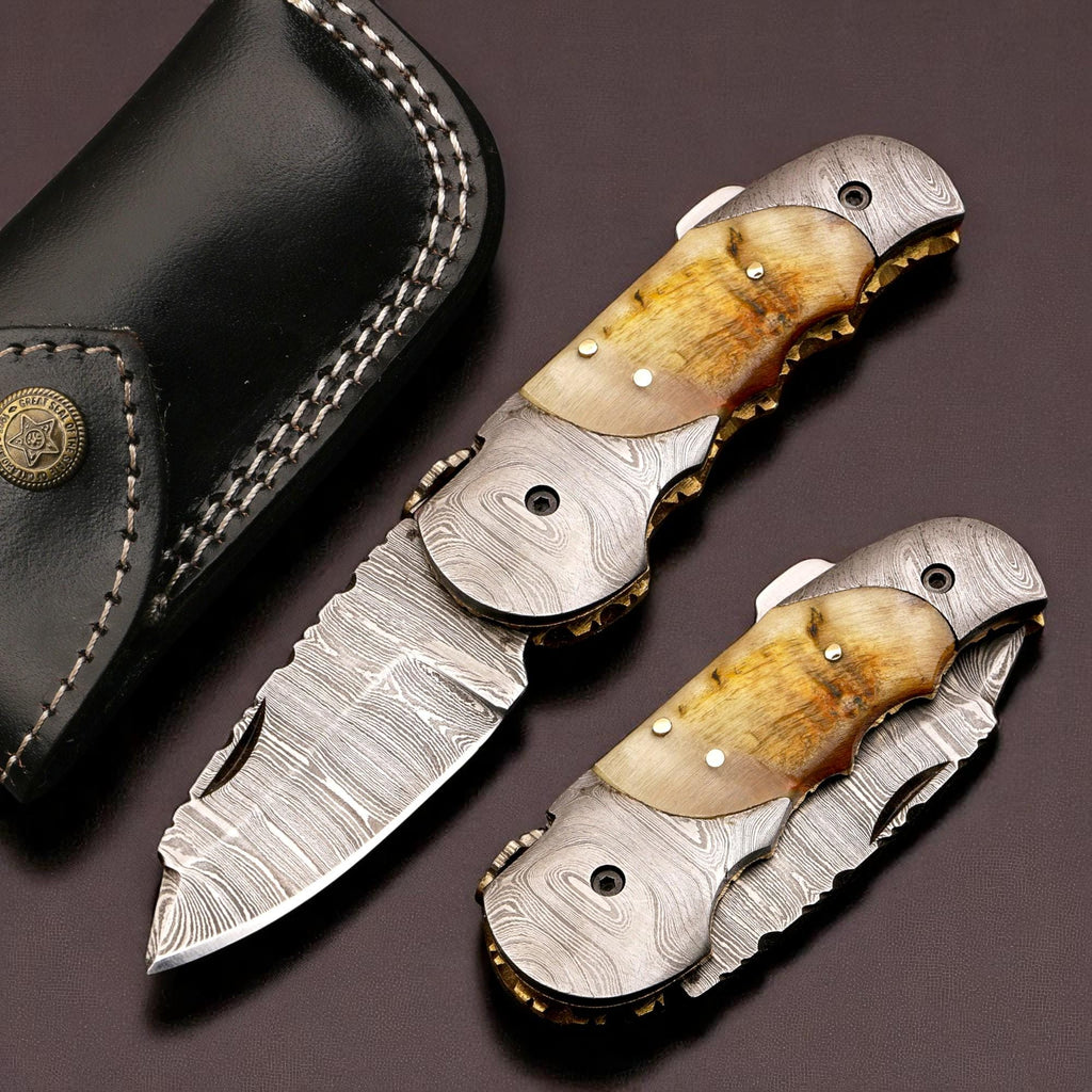 HandCraft Damascus Folding 7" Pocket Knife Lamb Horn Handle Leather Sheath Hunting Skinner Camping Fishing Outdoor Bushcraft EDC Knives Gift