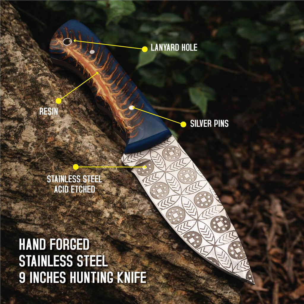 Handmade Damascus Hunting Knife 9" Resin Handle Full Tang Outdoor Camping Survival Bushcraft Fishing Blade Kitchen Cutlery Gift Craft Knives