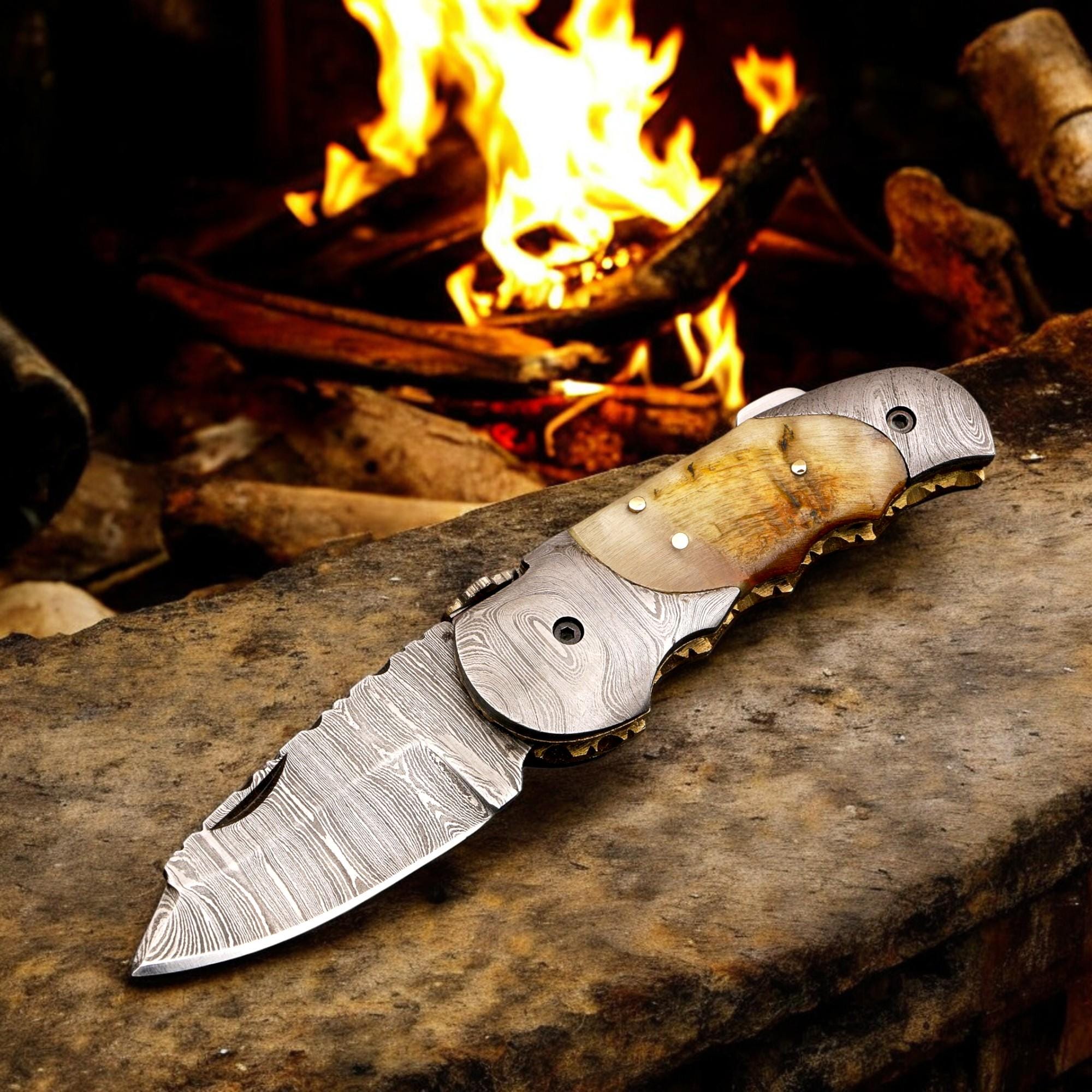 HandCraft Damascus Folding 7" Pocket Knife Lamb Horn Handle Leather Sheath Hunting Skinner Camping Fishing Outdoor Bushcraft EDC Knives Gift