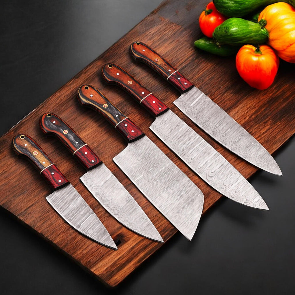 5Pcs Damascus Steel Kitchen Knife Set Leather Sheath Chef Knives Outdoor Cookware Cutlery Camping  Hunting HandCraft Housewarming Gift EDC