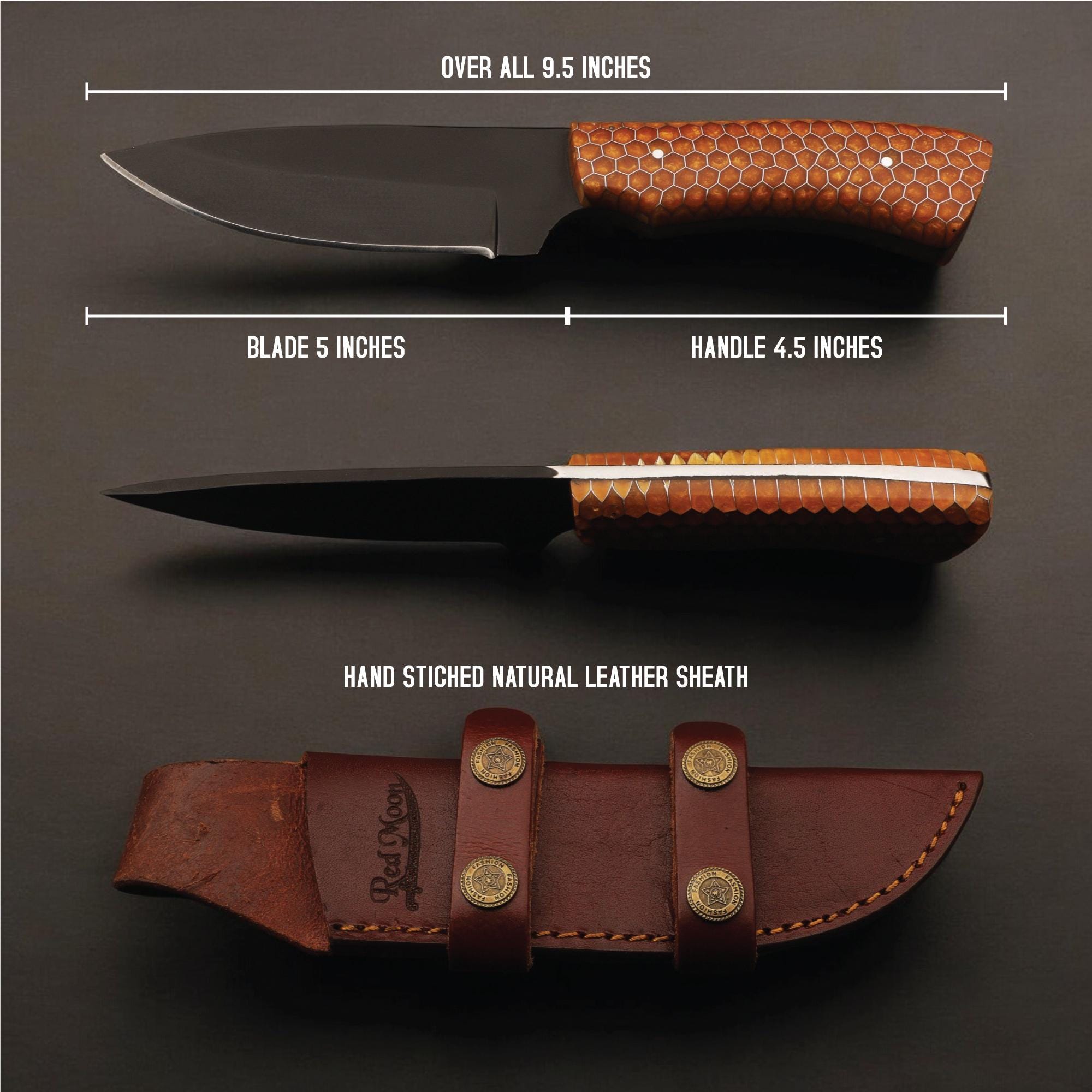 HandForged 9.5" Hunting Knife Stainless Steel Black Powder Coated Blade Honeycomb Resin Handle Skinner Bushcraft Outdoor Camping Knives EDC