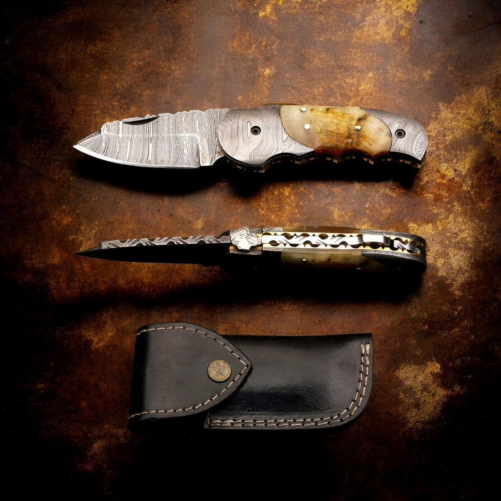 HandCraft Damascus Folding 7" Pocket Knife Lamb Horn Handle Leather Sheath Hunting Skinner Camping Fishing Outdoor Bushcraft EDC Knives Gift