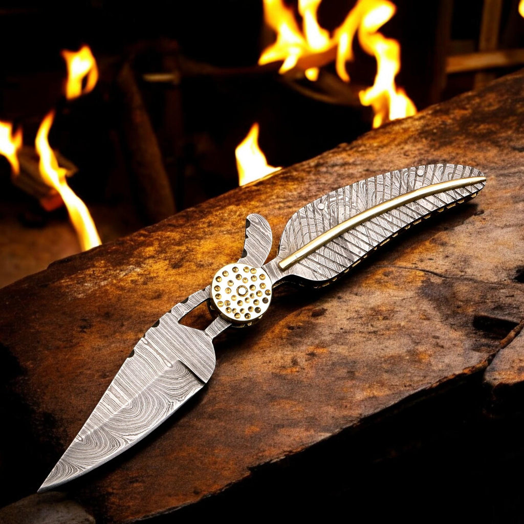 HandCraft Damascus Steel Folding 9" Pocket Knife Damascus Handle Brass Bolster Ultra Sharp Edge EDC Hunting Bushcraft Knives Camping Outdoor