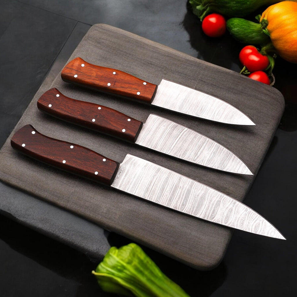 3pcs Damascus Chef Knife Set HandForged Kitchen Knives Leather Sheath Outdoor Hunting Camping Cookware Housewarming Cutlery Gift Craft  EDC