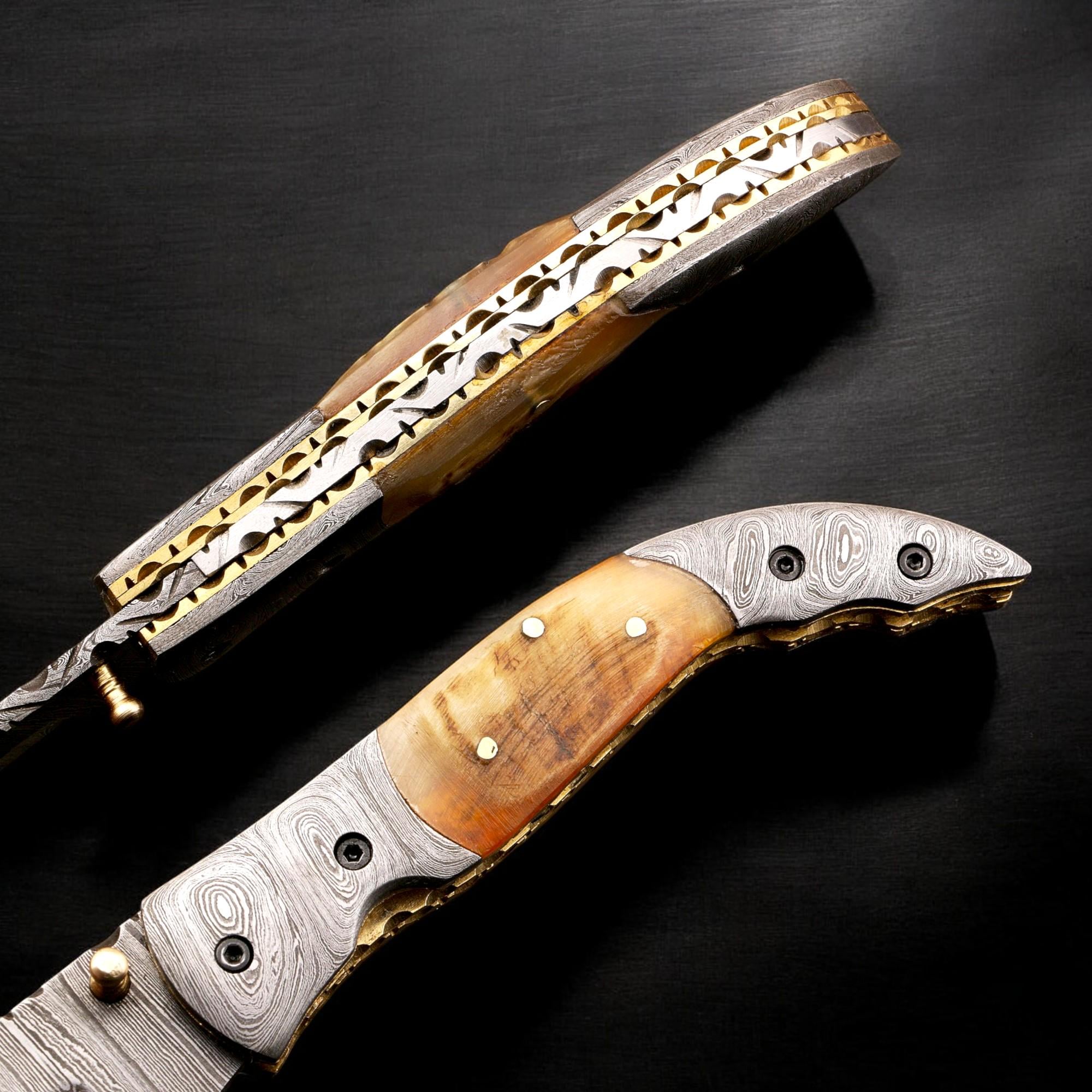 HandCraft Damascus Folding 9" Pocket Knife Lamb Horn Handle Leather Sheath Hunting Skinner Camping Fishing Outdoor Bushcraft EDC Knives Gift