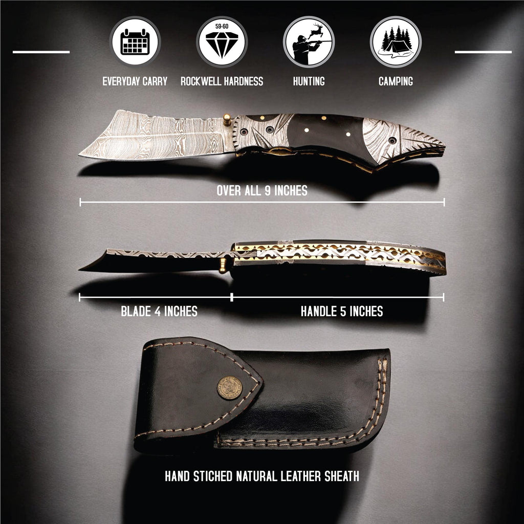HandCraft Damascus Folding Knife 9" Pocket Knife Bull Horn Handle Leather Sheath Hunting Skinner Camping Fishing Outdoor Bushcraft EDC Gift