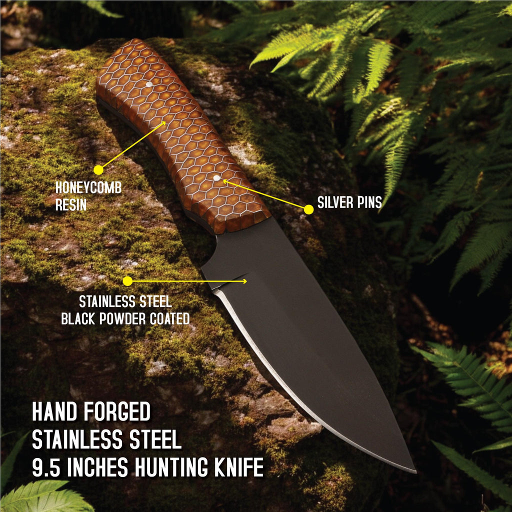 HandForged 9.5" Hunting Knife Stainless Steel Black Powder Coated Blade Honeycomb Resin Handle Skinner Bushcraft Outdoor Camping Knives EDC