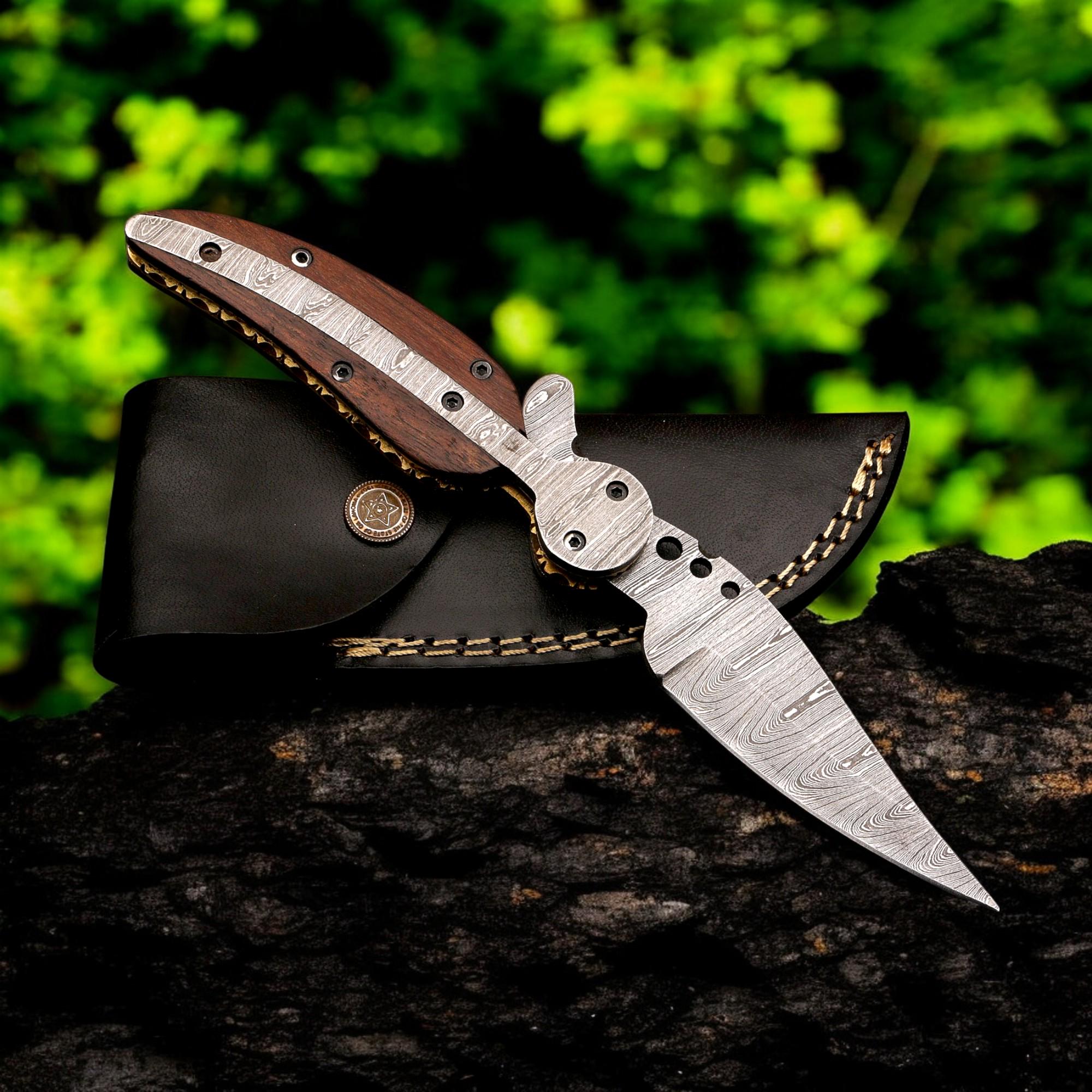 HandCraft Damascus Folding 9" Pocket Knife Damascus Steel Rose Wood Handle Leather Sheath Hunting Camping Outdoor Bushcraft EDC Knives Gift