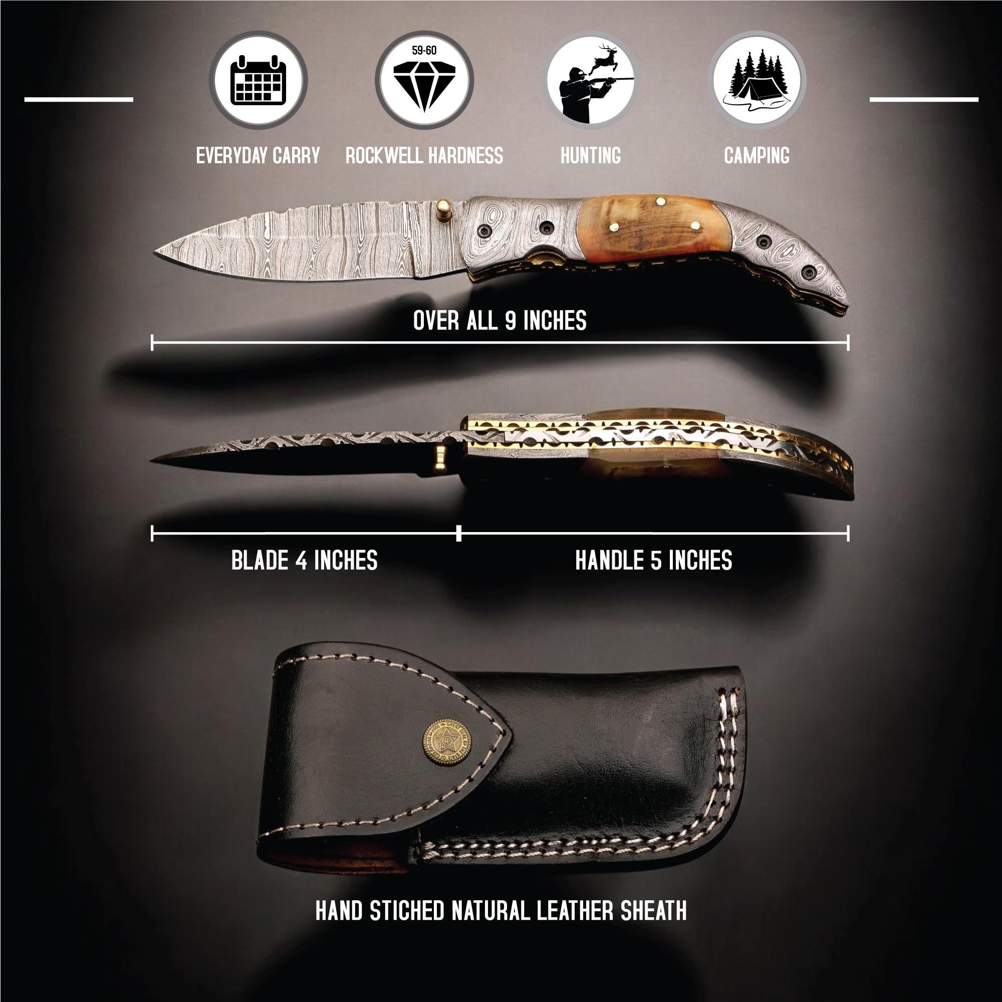 HandCraft Damascus Folding 9" Pocket Knife Lamb Horn Handle Leather Sheath Hunting Skinner Camping Fishing Outdoor Bushcraft EDC Knives Gift