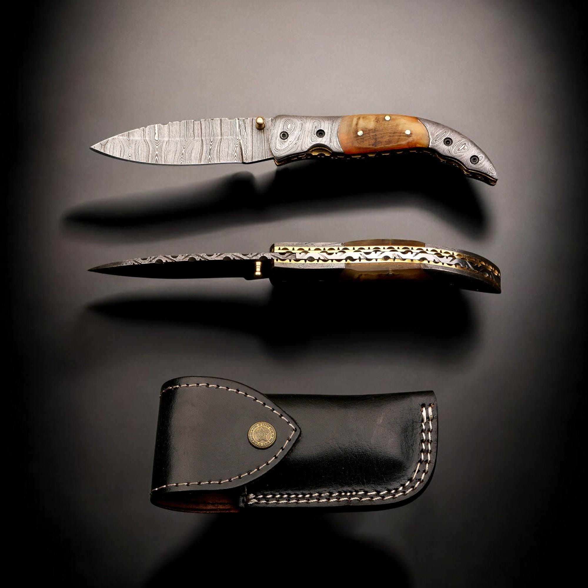 HandCraft Damascus Folding 9" Pocket Knife Lamb Horn Handle Leather Sheath Hunting Skinner Camping Fishing Outdoor Bushcraft EDC Knives Gift