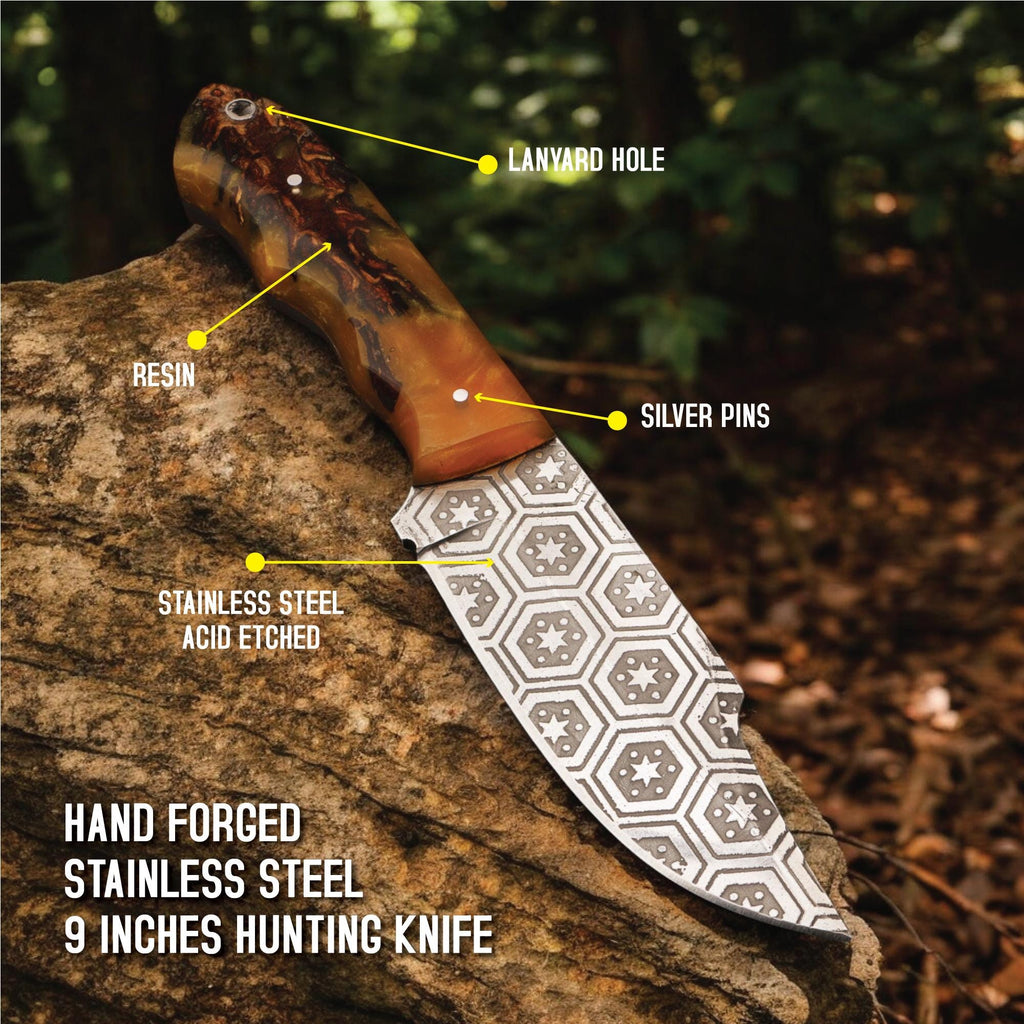 HandForged 9" Damascus Hunting Knife Acid Etched Stainless Steel Blade Resin Handle Bushcraft Skinning Outdoor EDC Kitchen Knives Gift Craft