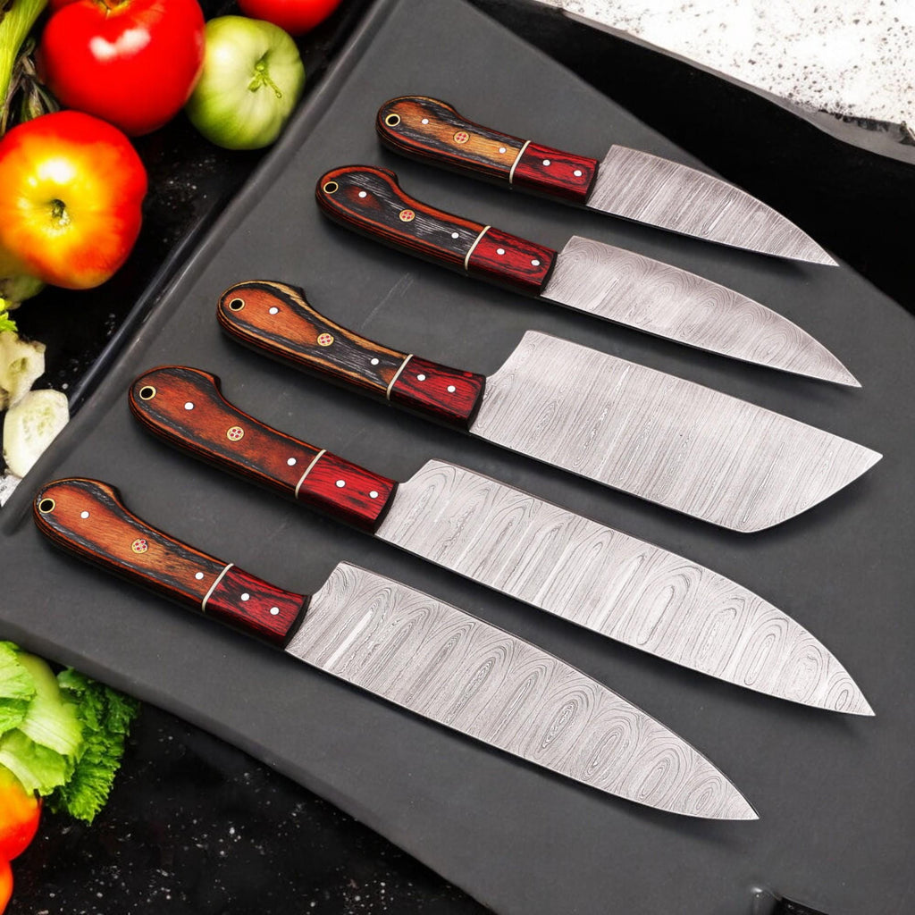 5Pcs Damascus Steel Kitchen Knife Set Leather Sheath Chef Knives Outdoor Cookware Cutlery Camping  Hunting HandCraft Housewarming Gift EDC
