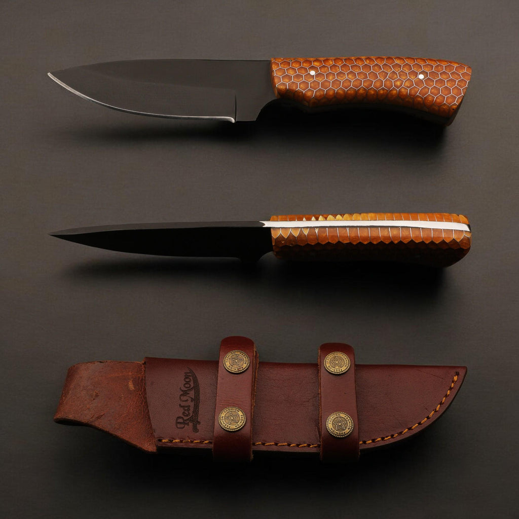 HandForged 9.5" Hunting Knife Stainless Steel Black Powder Coated Blade Honeycomb Resin Handle Skinner Bushcraft Outdoor Camping Knives EDC