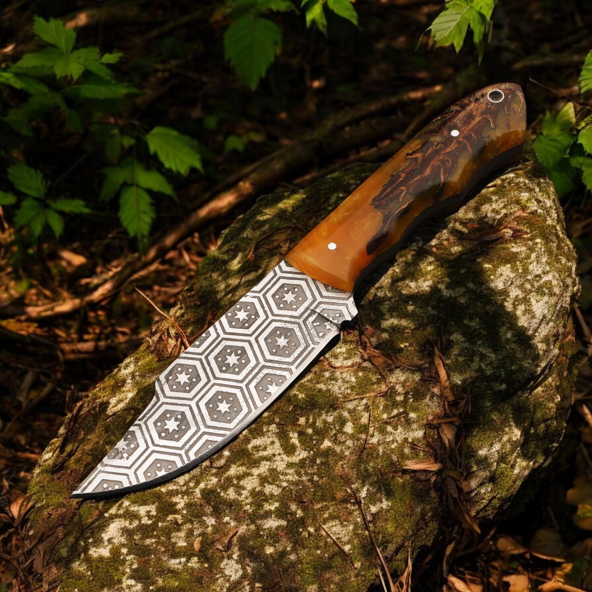 HandForged 9" Damascus Hunting Knife Acid Etched Stainless Steel Blade Resin Handle Bushcraft Skinning Outdoor EDC Kitchen Knives Gift Craft