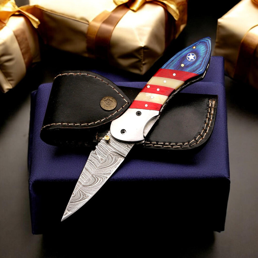 Handcraft Damascus Folding 8.5" Pocket Knife American USA Flag Camel Bone PakkaWood Handle Leather Sheath Hunting Bushcraft EDC Knives Gift
