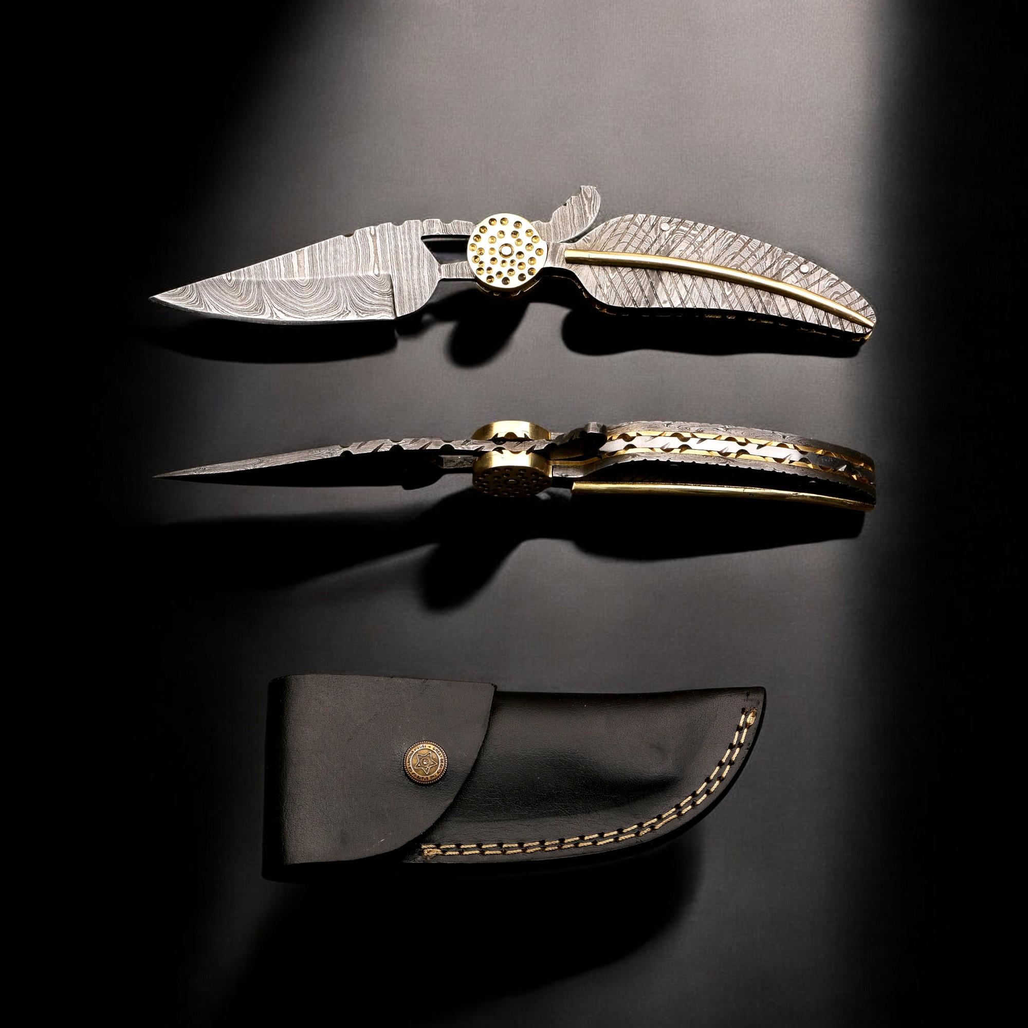 HandCraft Damascus Steel Folding 9" Pocket Knife Damascus Handle Brass Bolster Ultra Sharp Edge EDC Hunting Bushcraft Knives Camping Outdoor