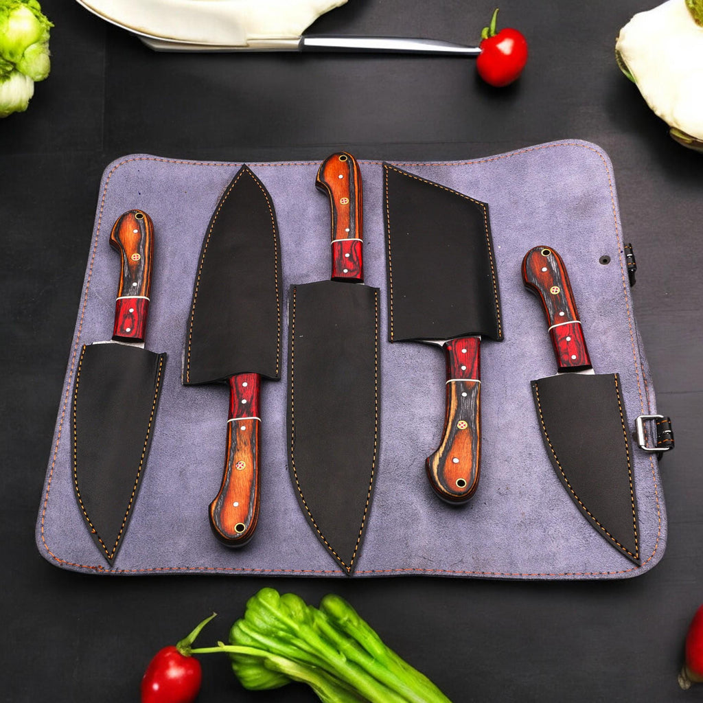 5Pcs Damascus Steel Kitchen Knife Set Leather Sheath Chef Knives Outdoor Cookware Cutlery Camping  Hunting HandCraft Housewarming Gift EDC