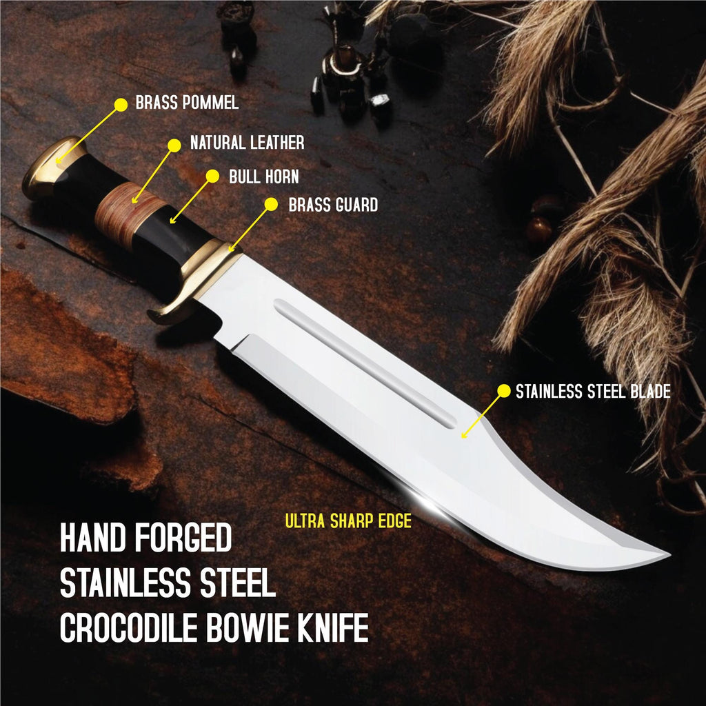 Crocodile Dundee Bowie Knife HandForged 18" Stainless Steel Blade Bull Horn Handle Hunting Camping Bushcraft Fishing Kitchen Knives Gift EDC
