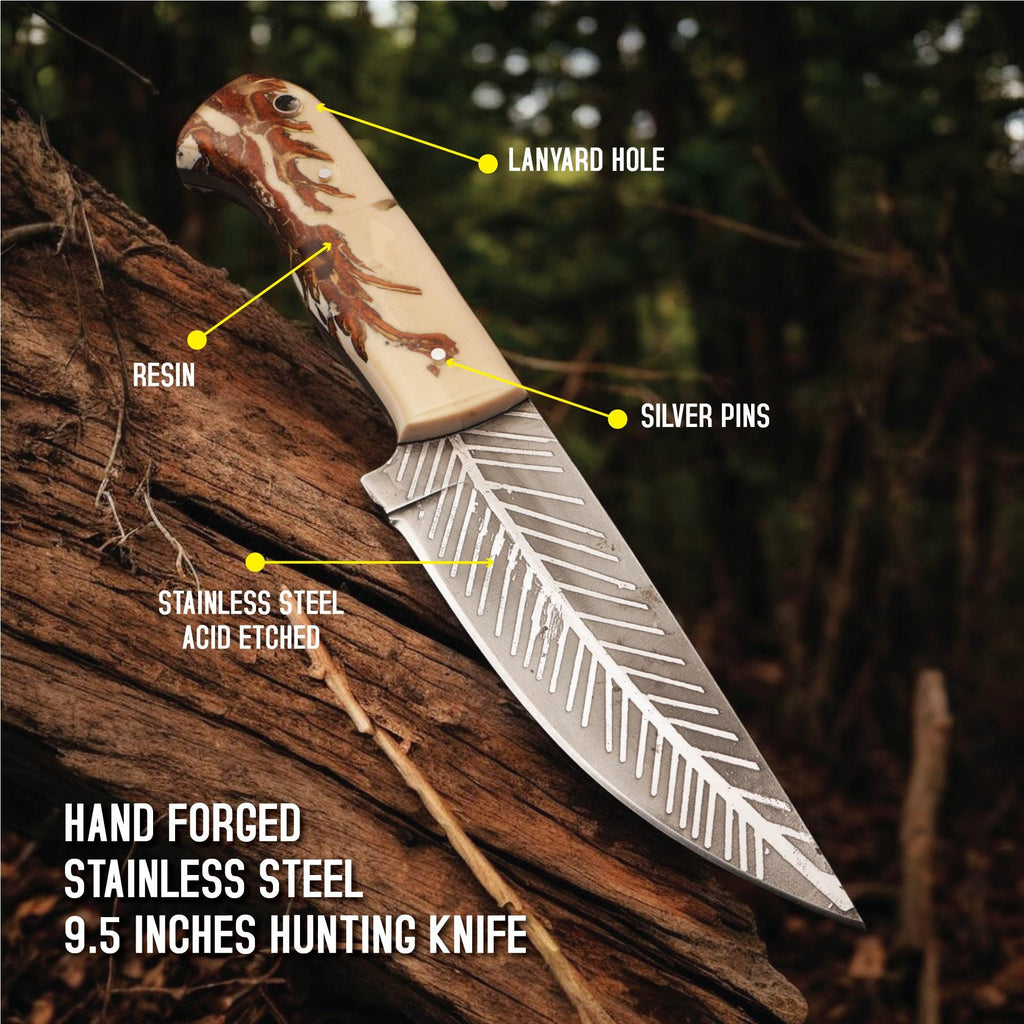 9.5" HandForged Stainless Steel Hunting Knife with Resin Handle and Silver Pins Bushcraft Outdoor Camping Fishing Knives Kitchen Cutlery EDC