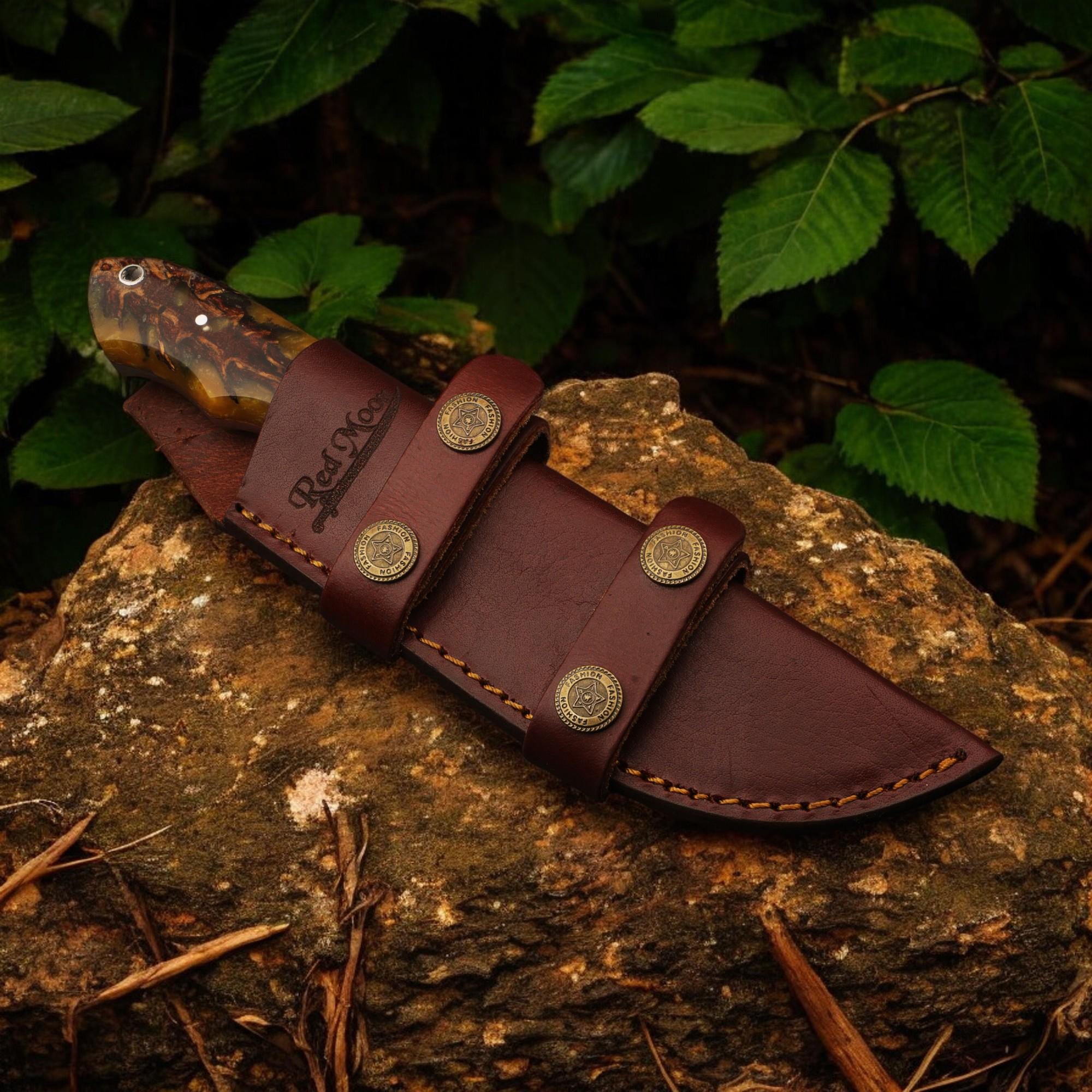 HandForged 9" Damascus Hunting Knife Acid Etched Stainless Steel Blade Resin Handle Bushcraft Skinning Outdoor EDC Kitchen Knives Gift Craft