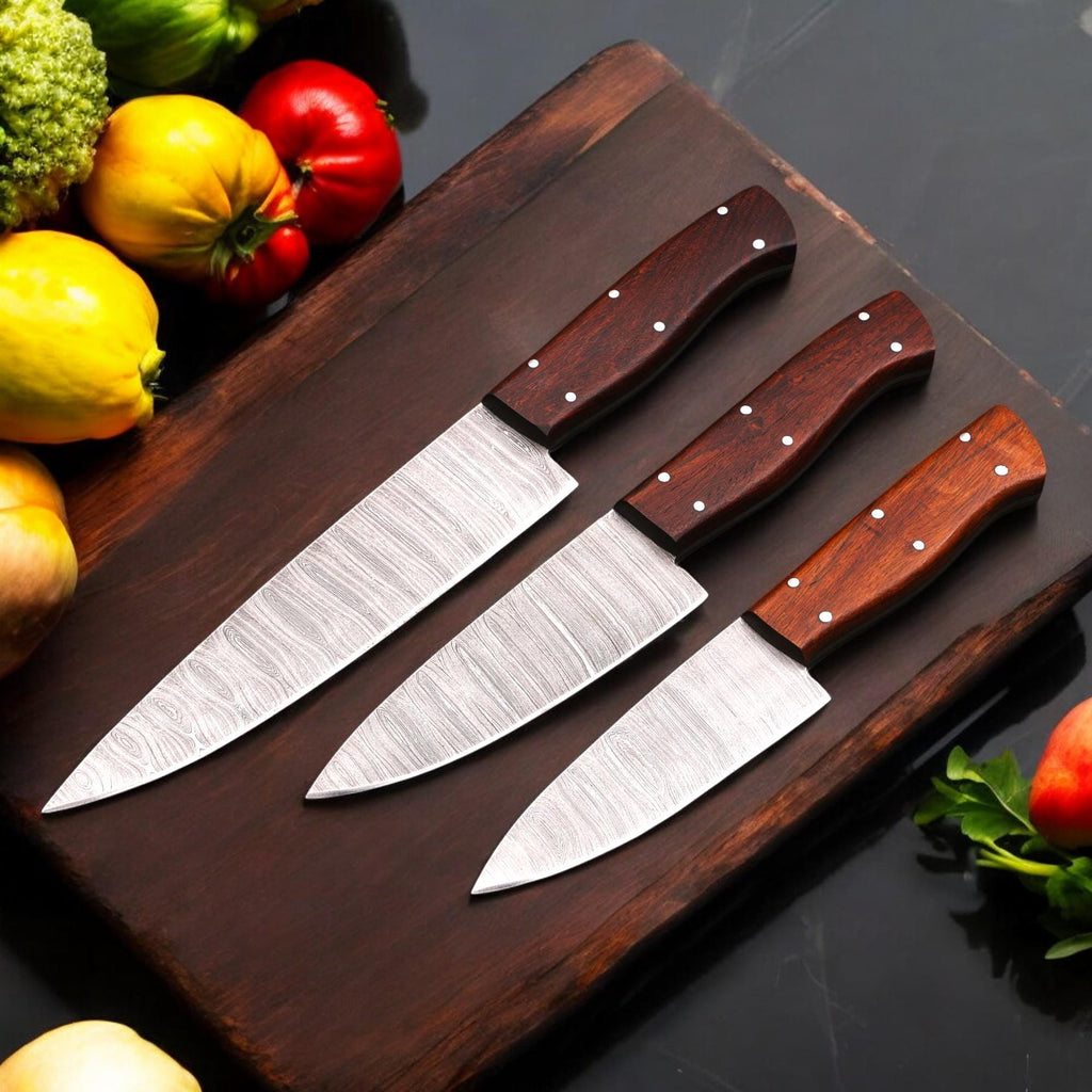 3pcs Damascus Chef Knife Set HandForged Kitchen Knives Leather Sheath Outdoor Hunting Camping Cookware Housewarming Cutlery Gift Craft  EDC