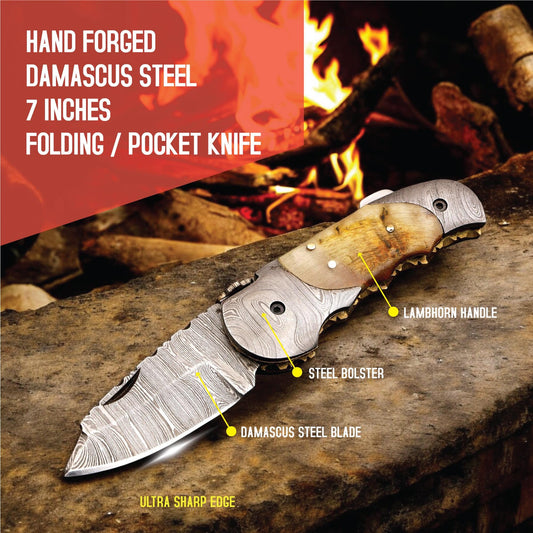 HandCraft Damascus Folding 7" Pocket Knife Lamb Horn Handle Leather Sheath Hunting Skinner Camping Fishing Outdoor Bushcraft EDC Knives Gift