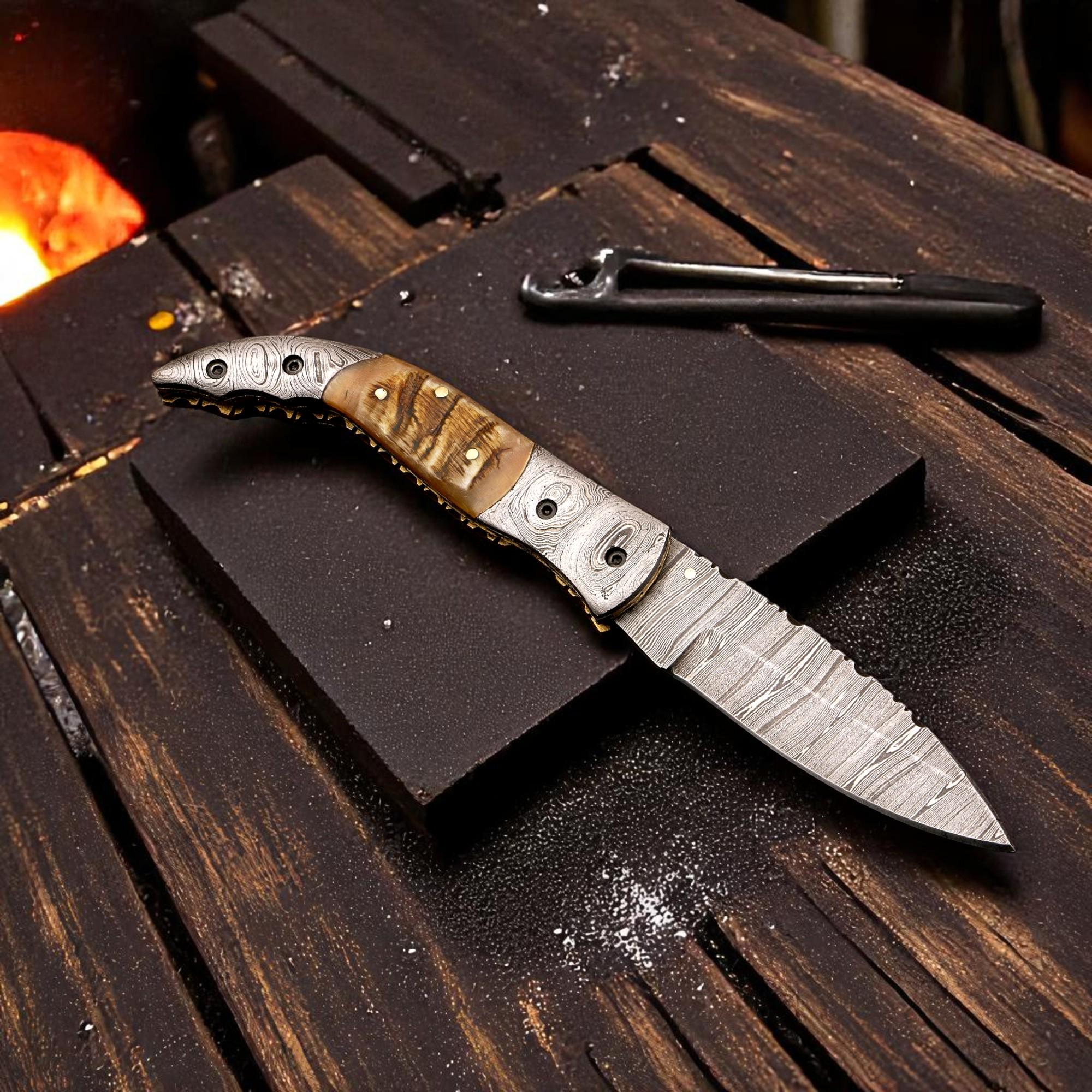HandCraft Damascus Folding 9" Pocket Knife Lamb Horn Handle Leather Sheath Hunting Skinner Camping Fishing Outdoor Bushcraft EDC Knives Gift
