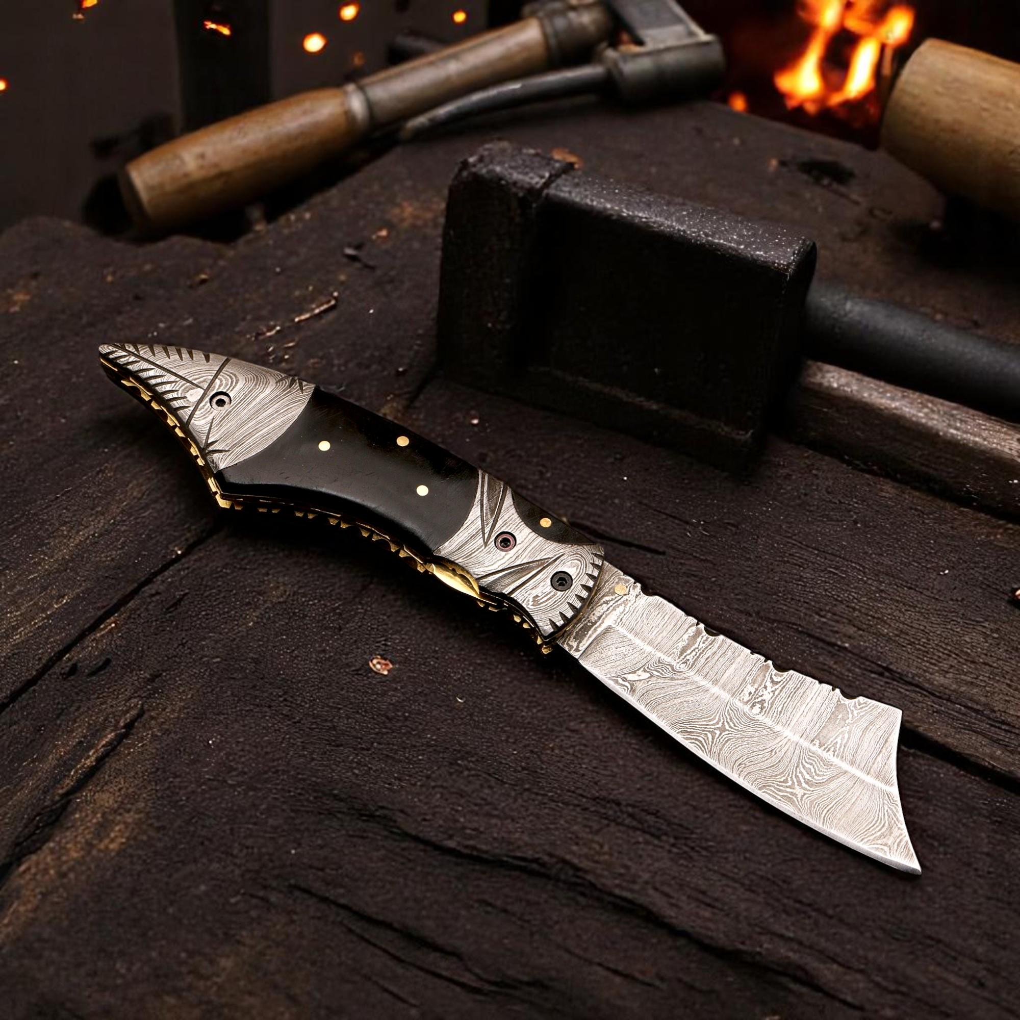 HandCraft Damascus Folding Knife 9" Pocket Knife Bull Horn Handle Leather Sheath Hunting Skinner Camping Fishing Outdoor Bushcraft EDC Gift