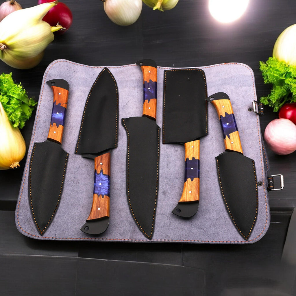 5pcs Damascus Chef Knife Set HandForged Kitchen Knives with Sheath Outdoor Cooking Hunting Outdoor Cookware Housewarming Cutlery Gift Craft