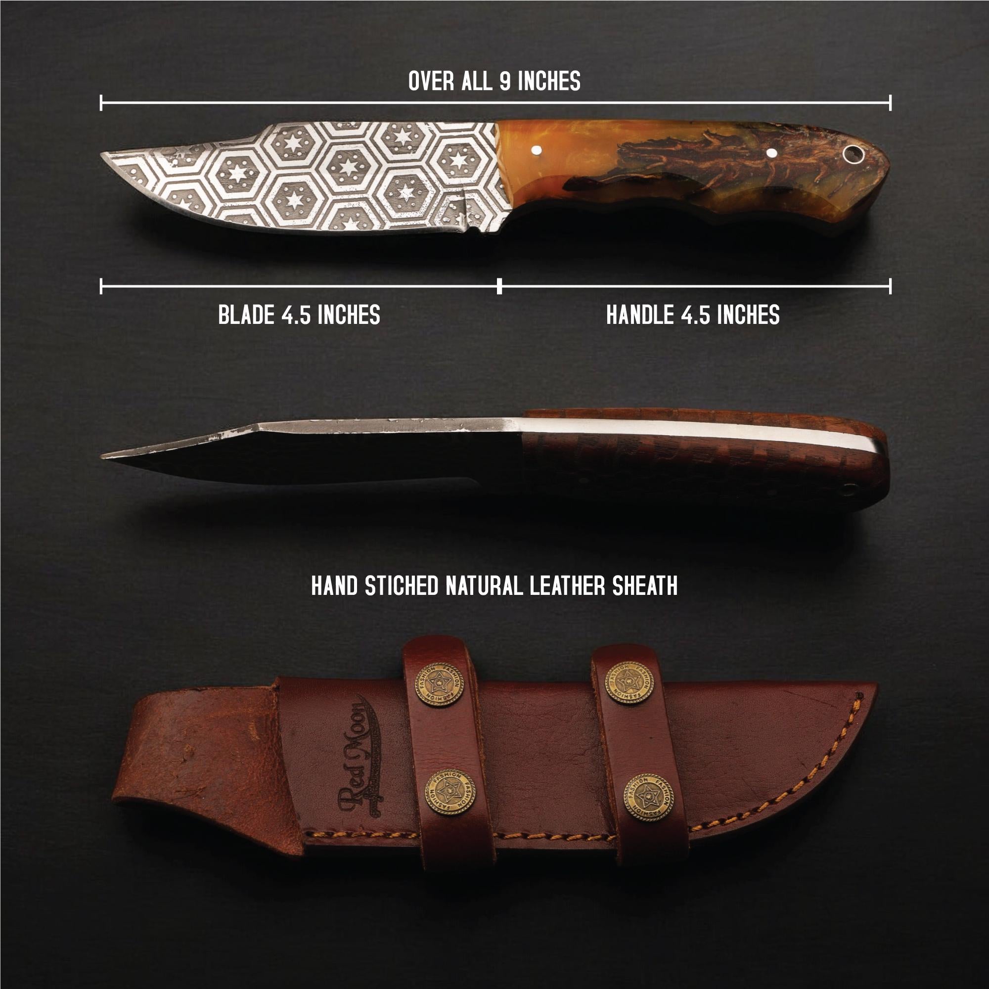 HandForged 9" Damascus Hunting Knife Acid Etched Stainless Steel Blade Resin Handle Bushcraft Skinning Outdoor EDC Kitchen Knives Gift Craft